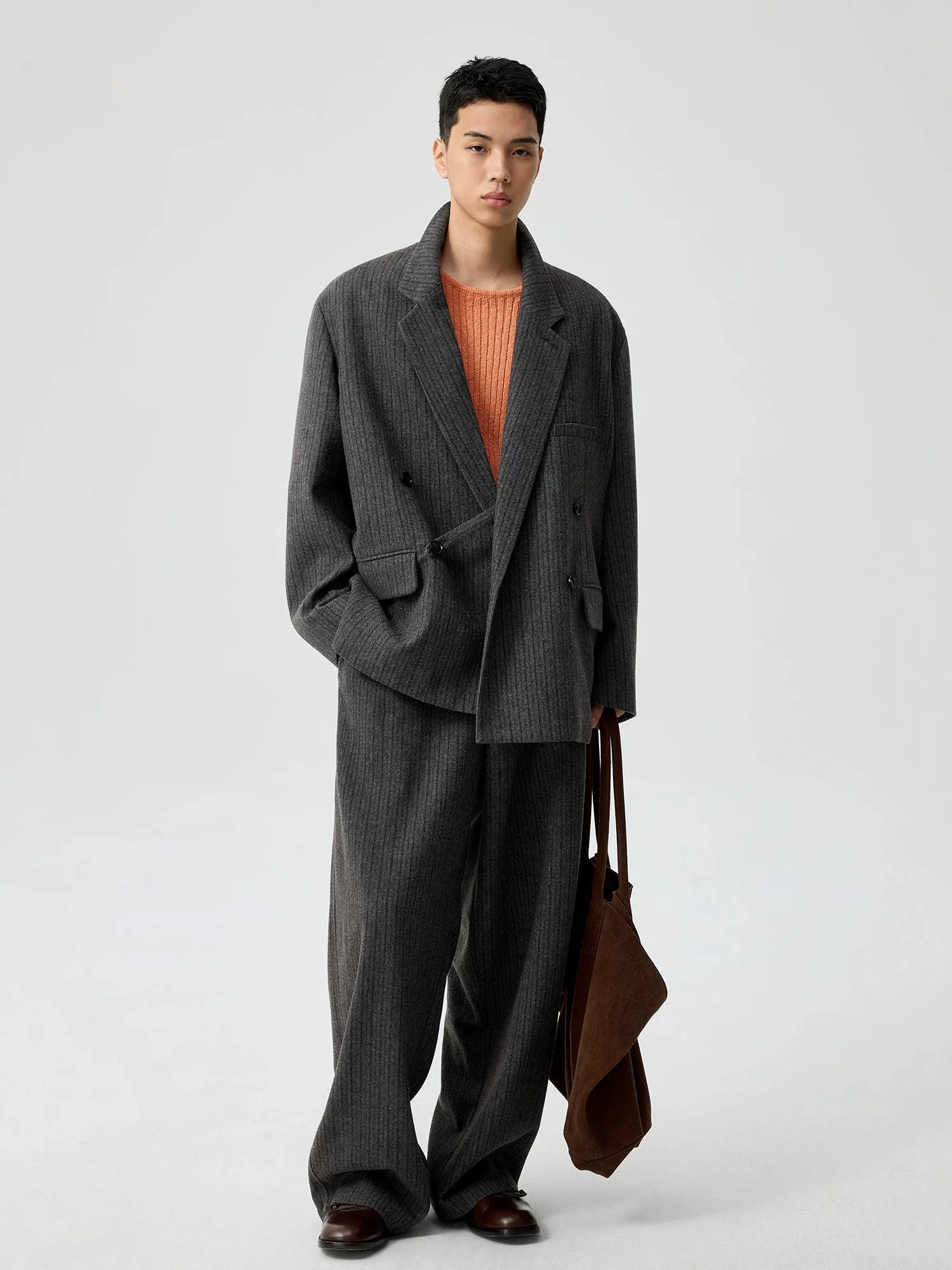 Charcoal Pinstripe Wide-Leg Trousers - Image 5