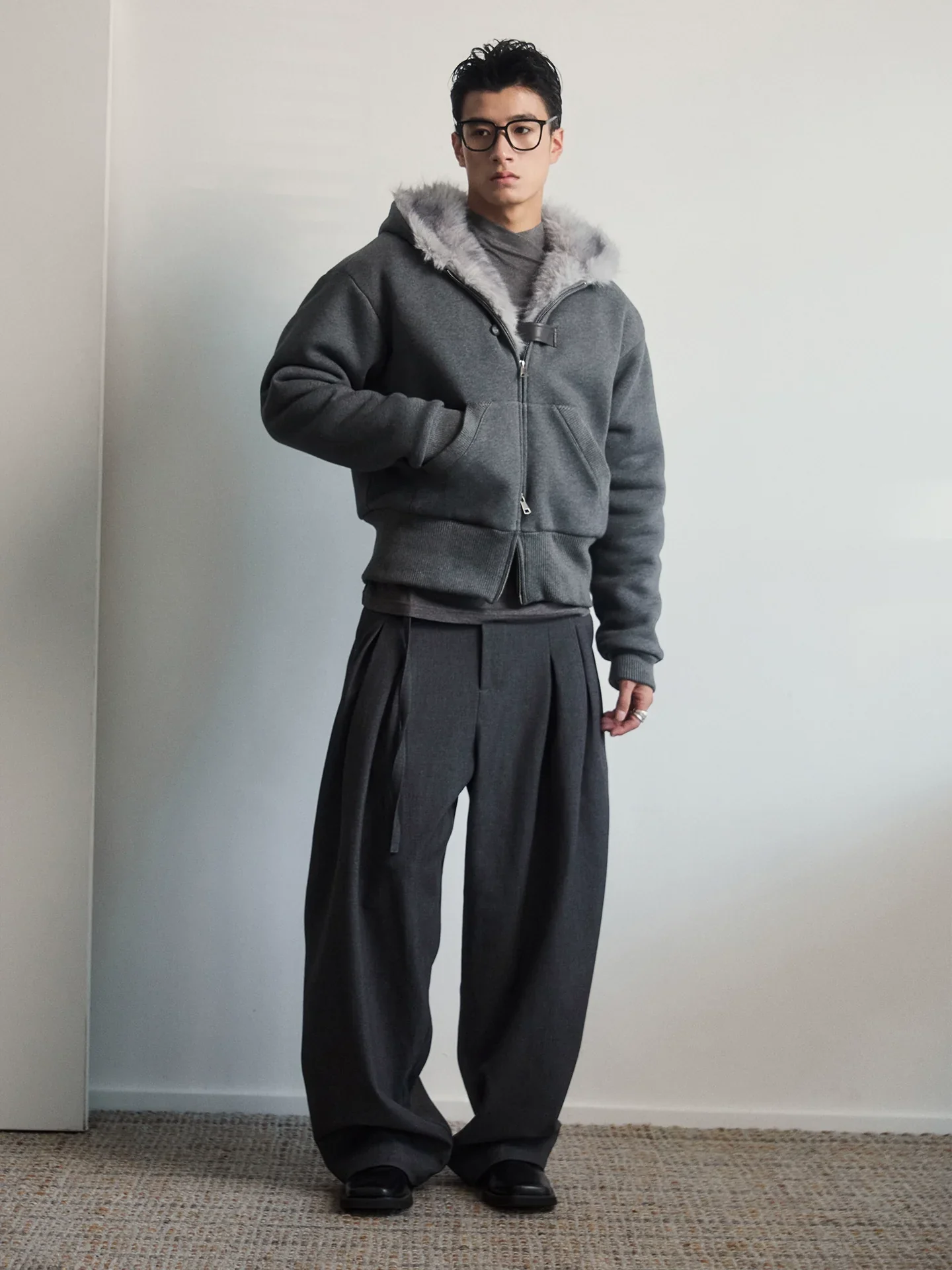 Charcoal Plush-Lined Hooded Zip Jacket - Image 3