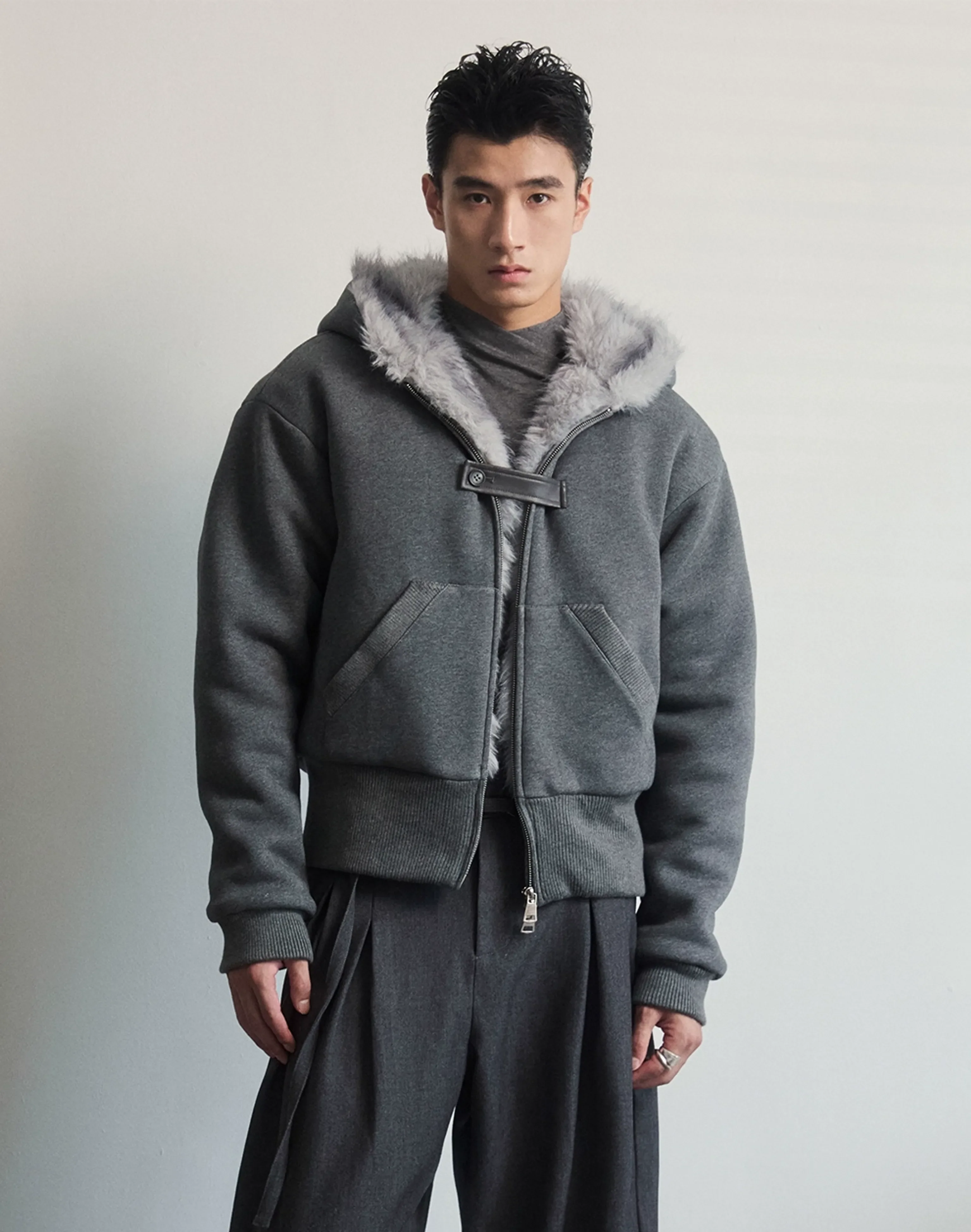 Charcoal Plush-Lined Hooded Zip Jacket - Image 5