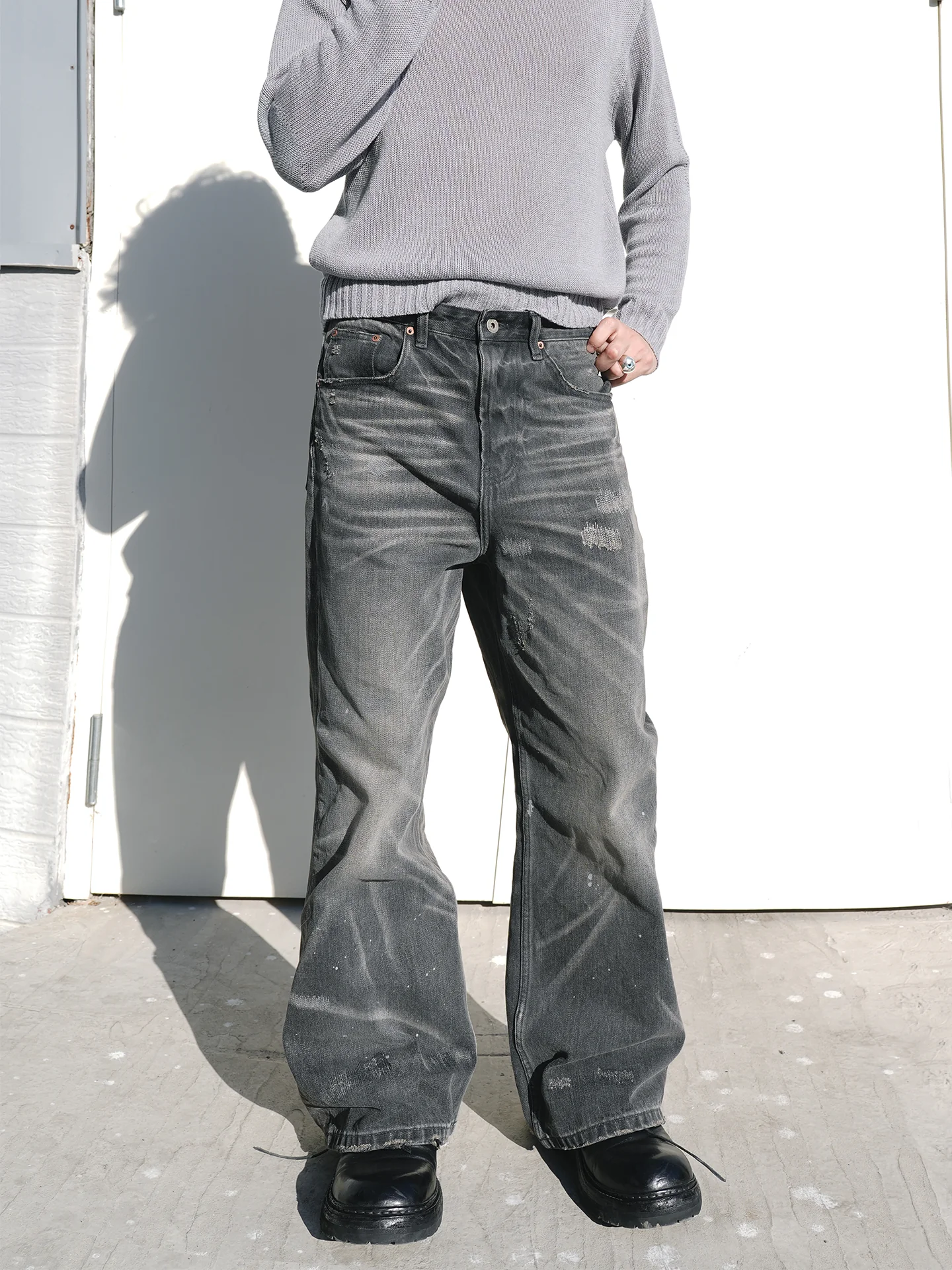 Charcoal Ripple-Wash Wide-Leg Jeans
