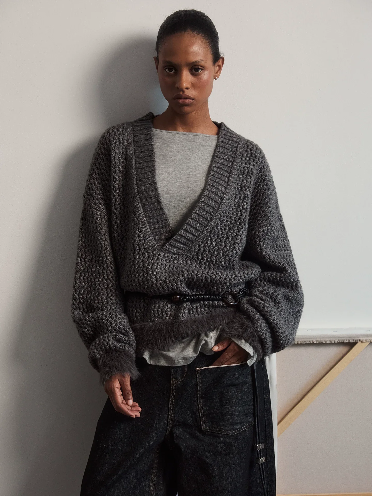 Charcoal Waffle V-Neck Pullover - Image 3
