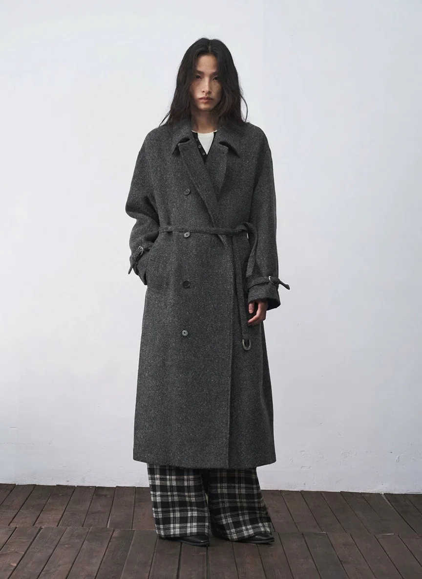 Charcoal Wool-Blend Belted Overcoat - Image 5