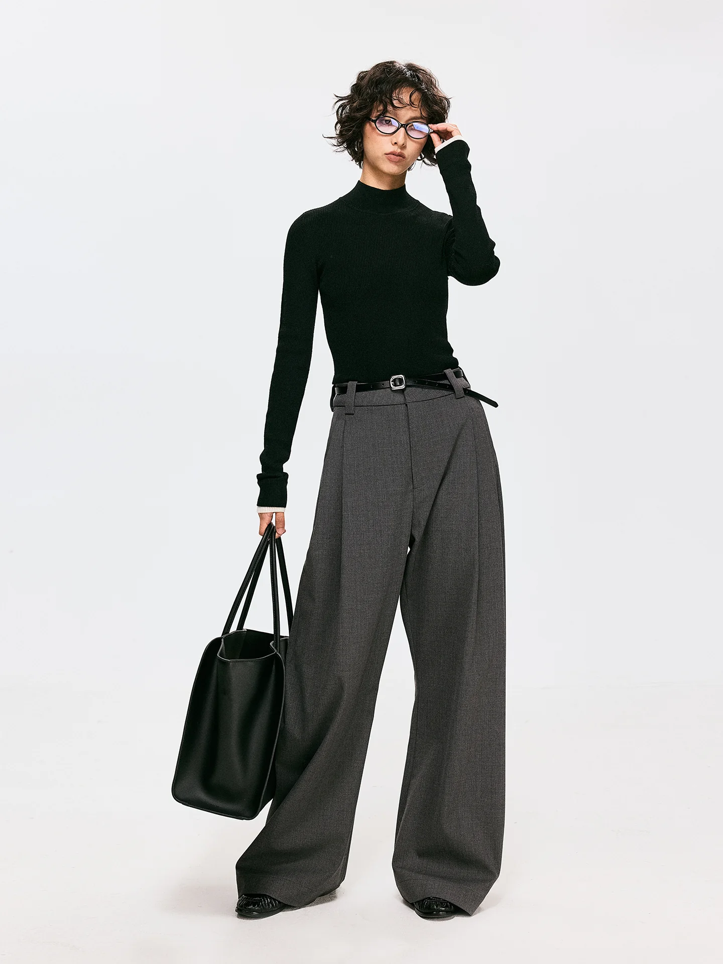 Charcoal Wool-Blend Double-Pleat Wide-Leg Trousers - Image 2