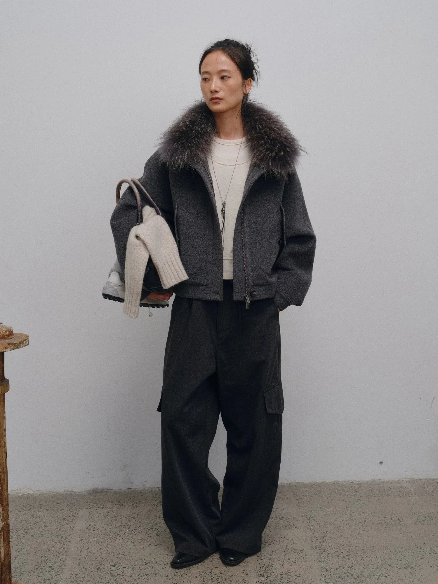Charcoal Wool Bomber with Detachable Fur Collar - Image 3
