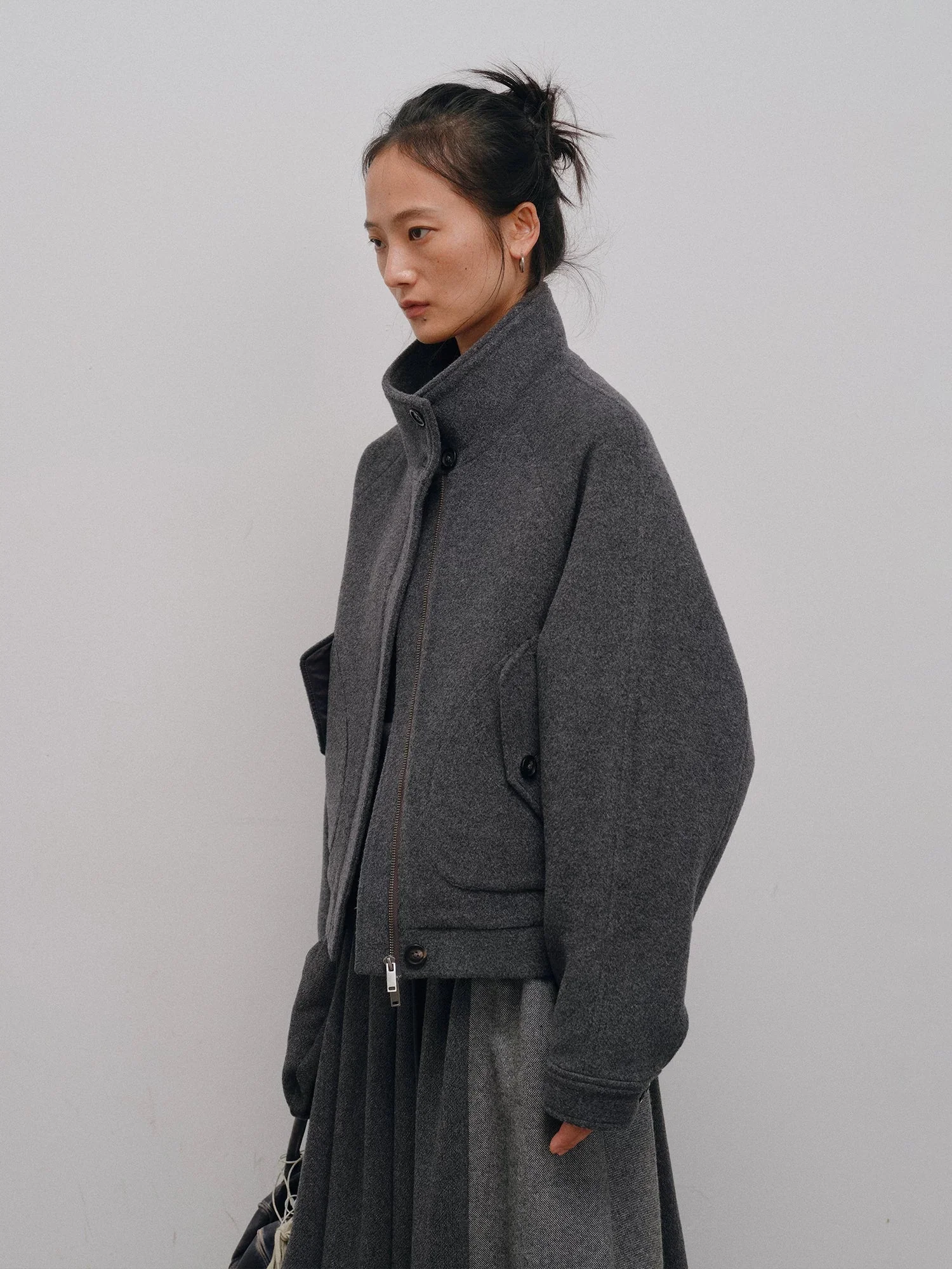 Charcoal Wool Bomber with Detachable Fur Collar - Image 4