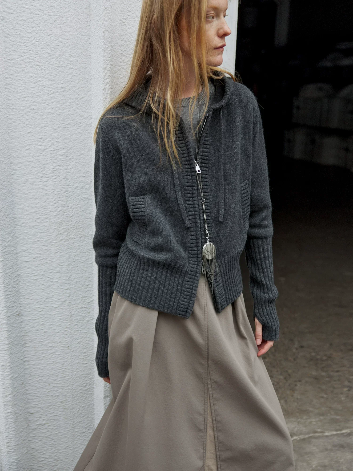 Charcoal Wool Two-Way Zip Hooded Cardigan