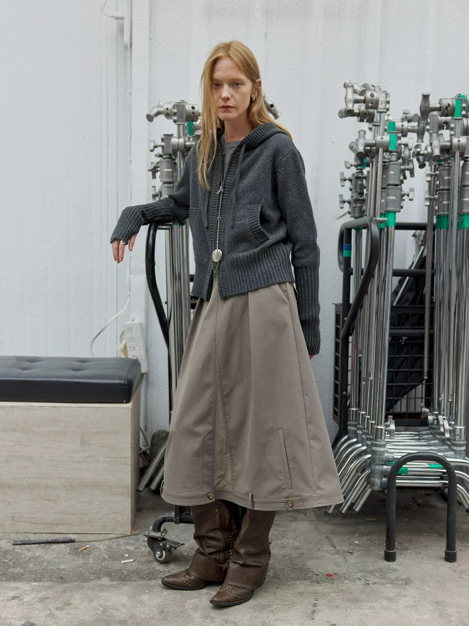 Charcoal Wool Two-Way Zip Hooded Cardigan - Image 3