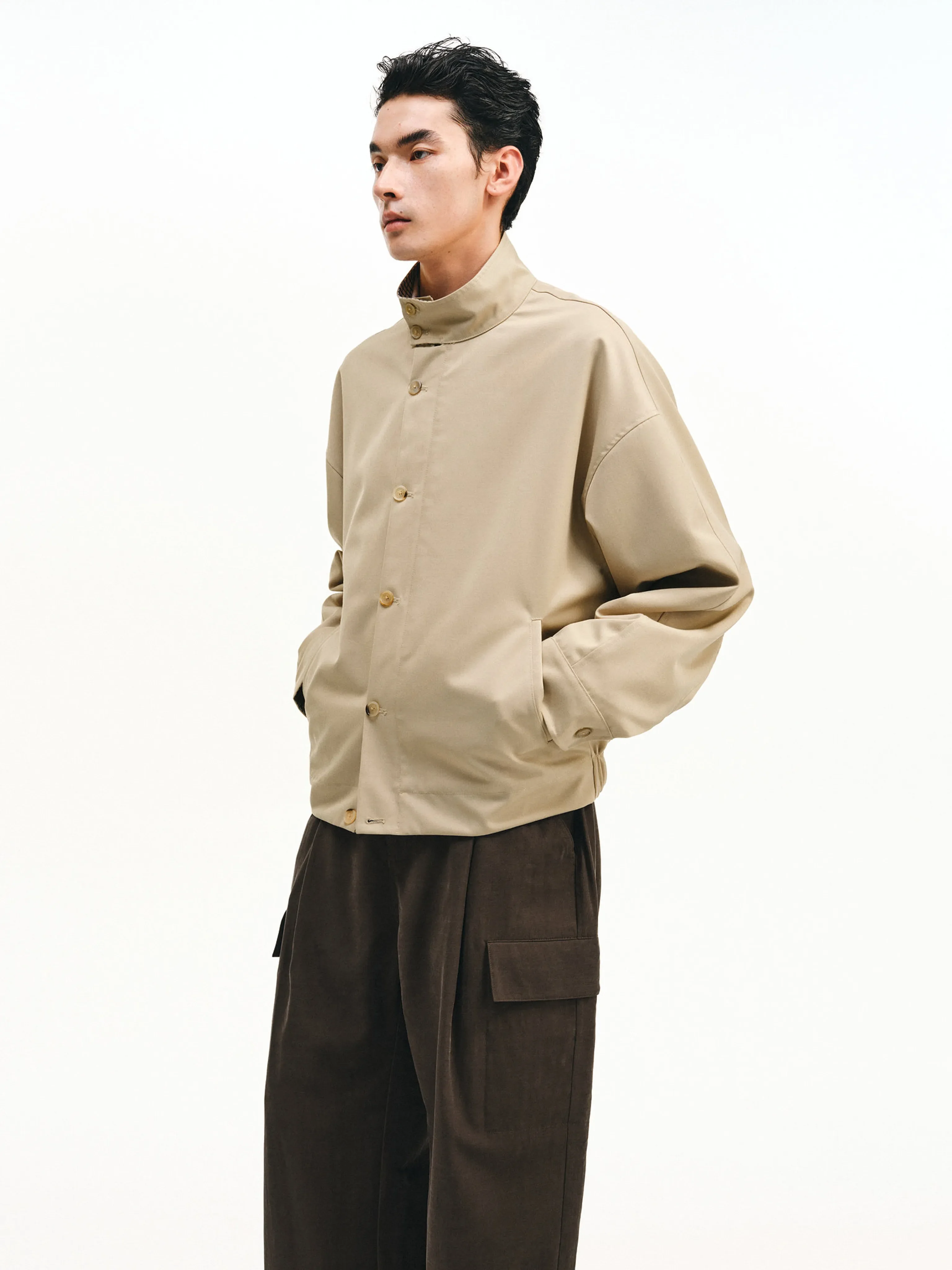 Check-Trim Wool Harrington Jacket - Image 5