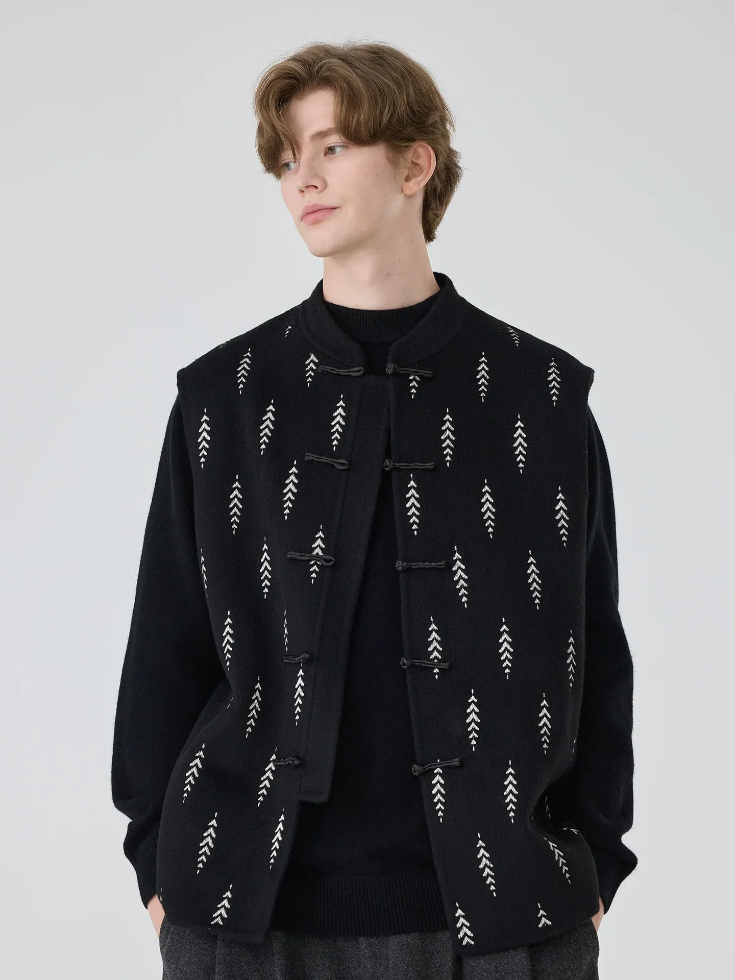 Chevron Motif Mandarin-Collar Vest - Image 2