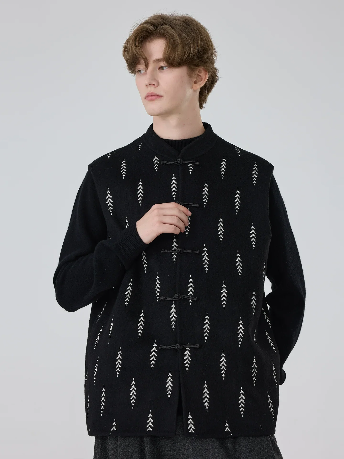Chevron Motif Mandarin-Collar Vest - Image 3