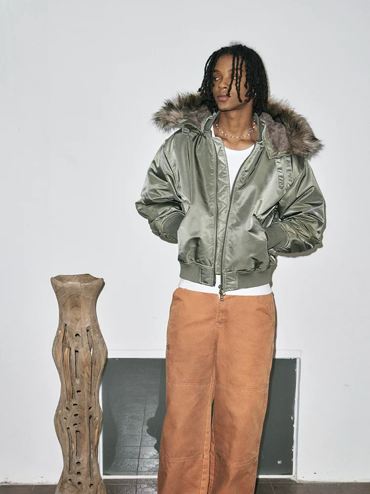 Chlorite Fur-Trim Hooded Bomber Jacket
