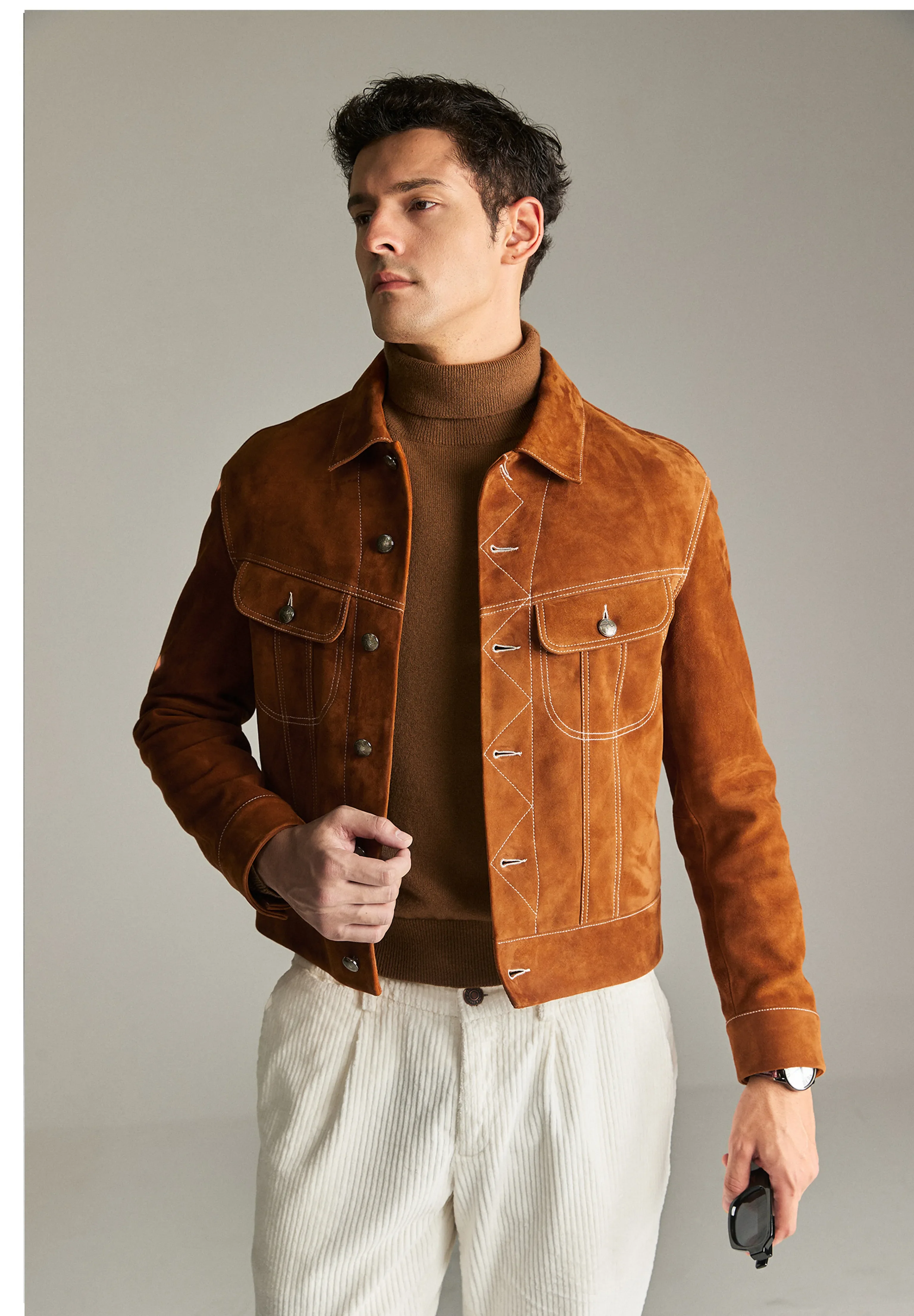 Cognac Sheepskin Suede Trucker Jacket - Image 3