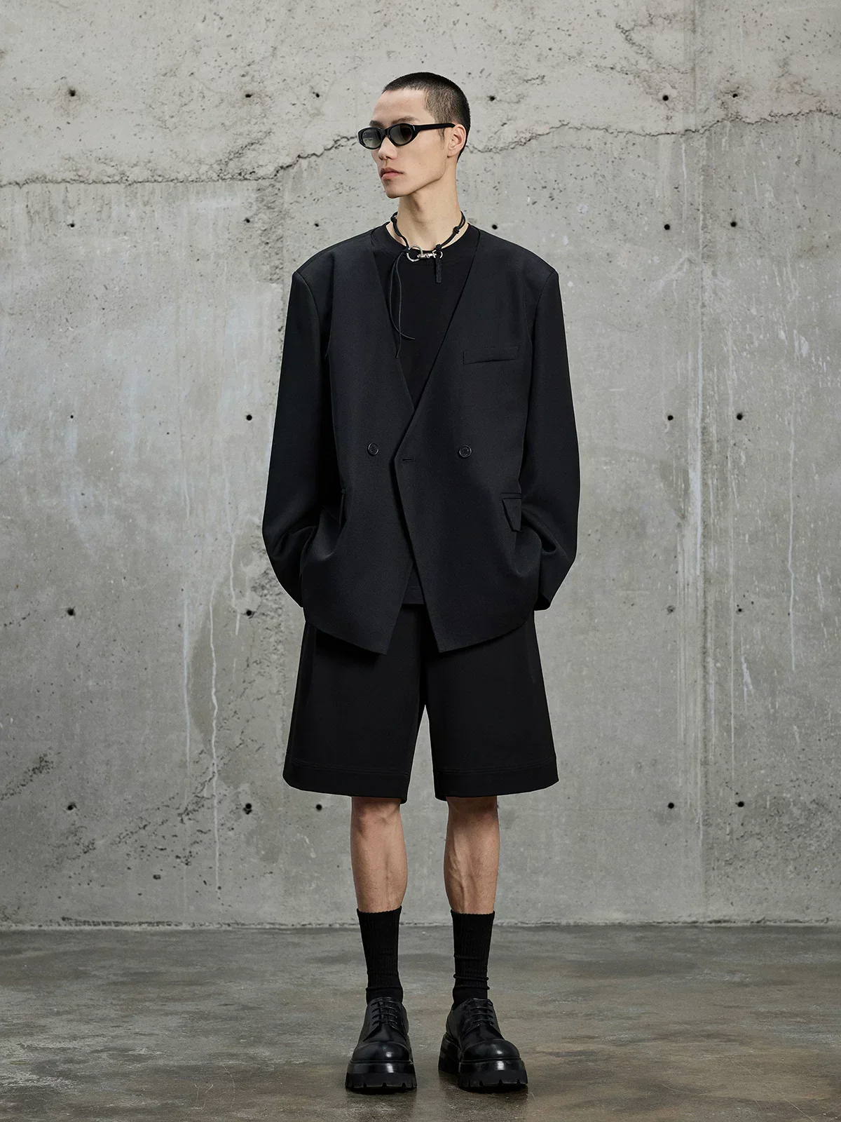 Collarless Double-Breasted Wool Twill Suit