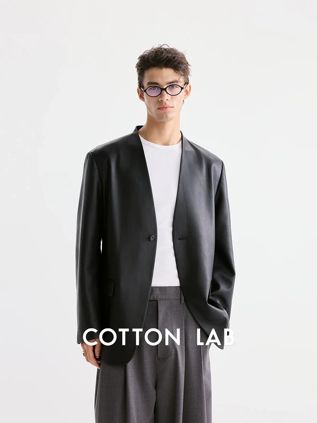 Collarless Faux Leather Blazer