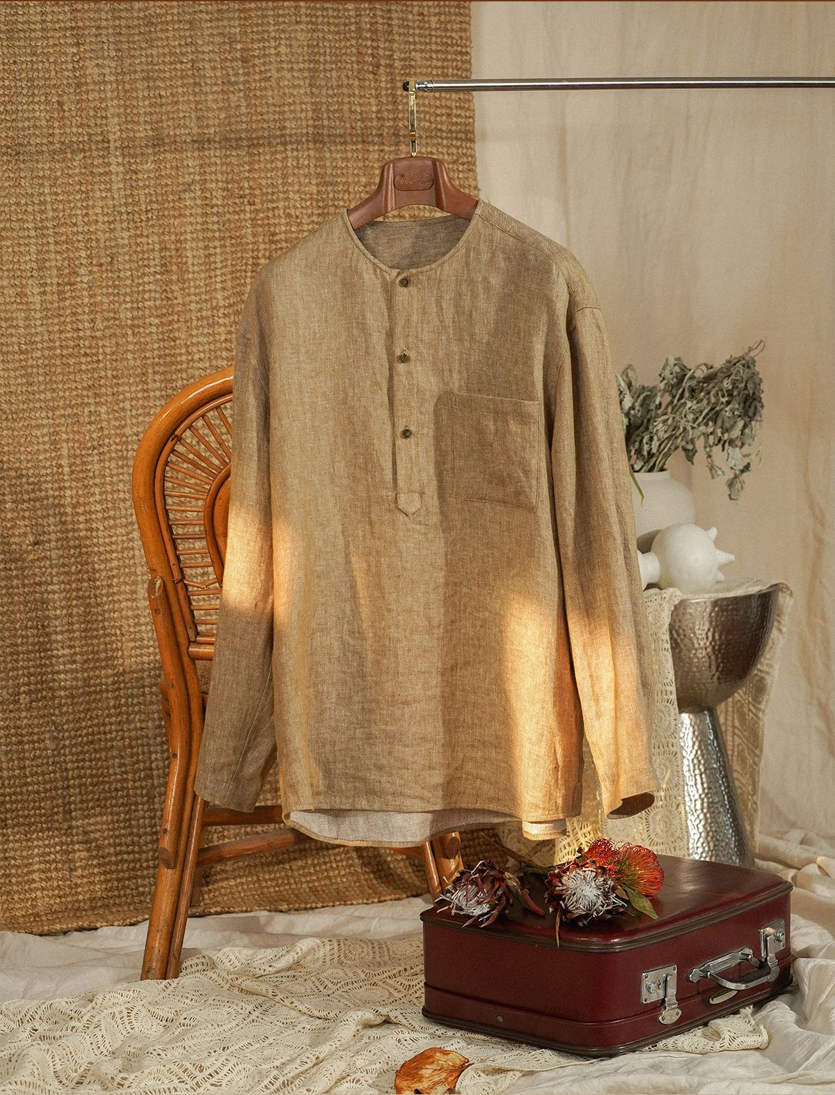 Collarless Linen Long-Sleeve Shirt - Image 3