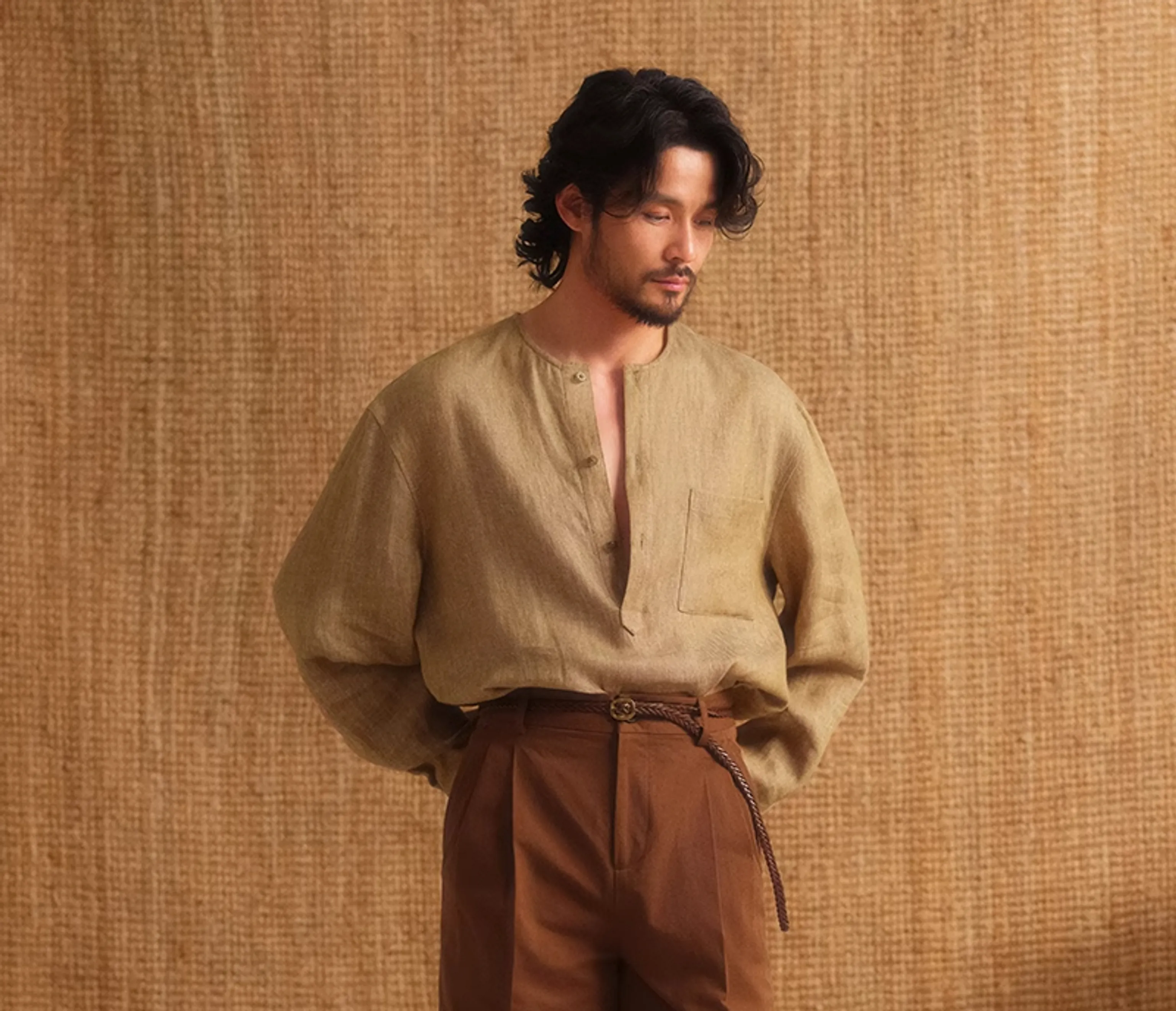 Collarless Linen Long-Sleeve Shirt - Image 5