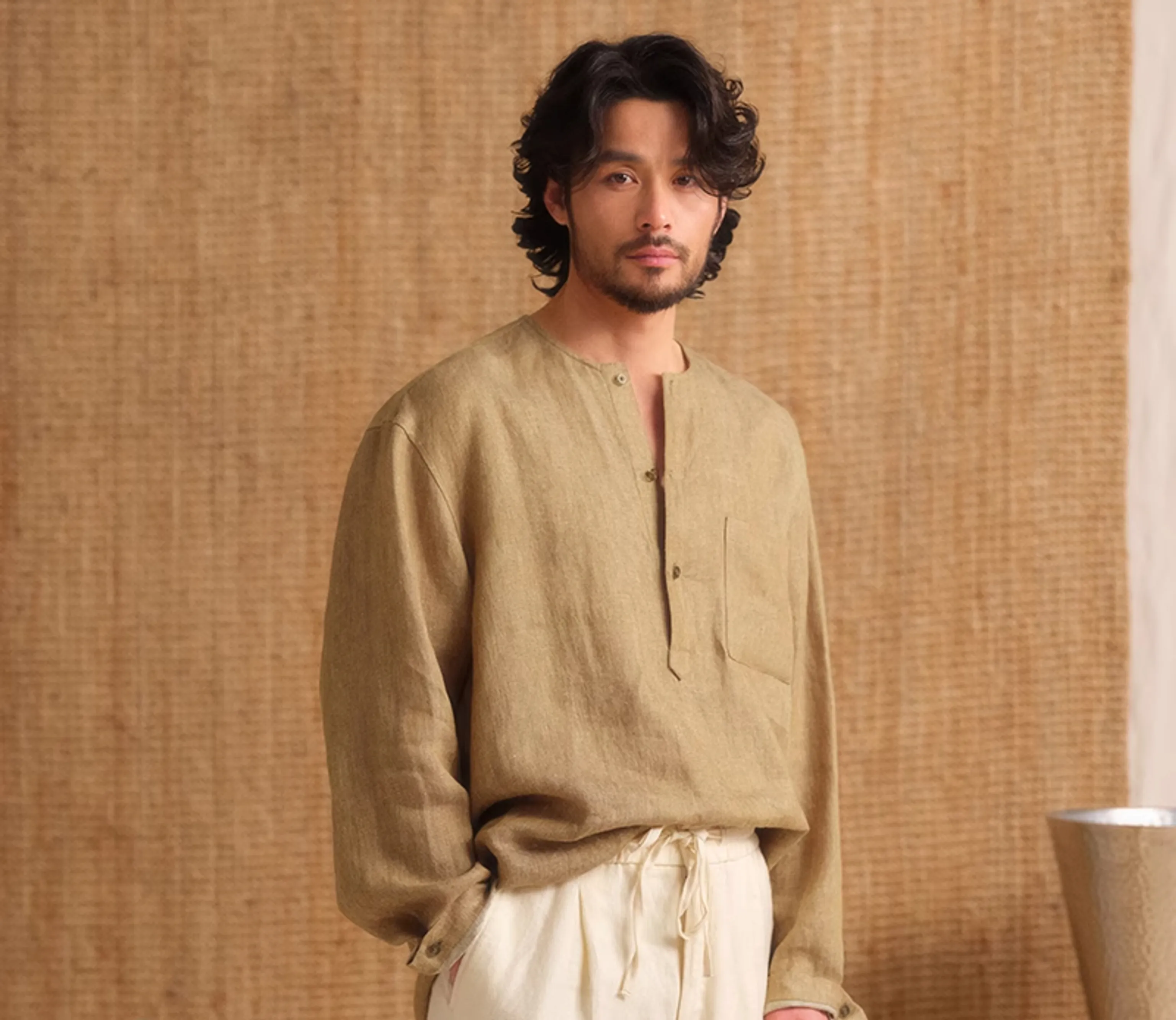 Collarless Linen Long-Sleeve Shirt - Image 6