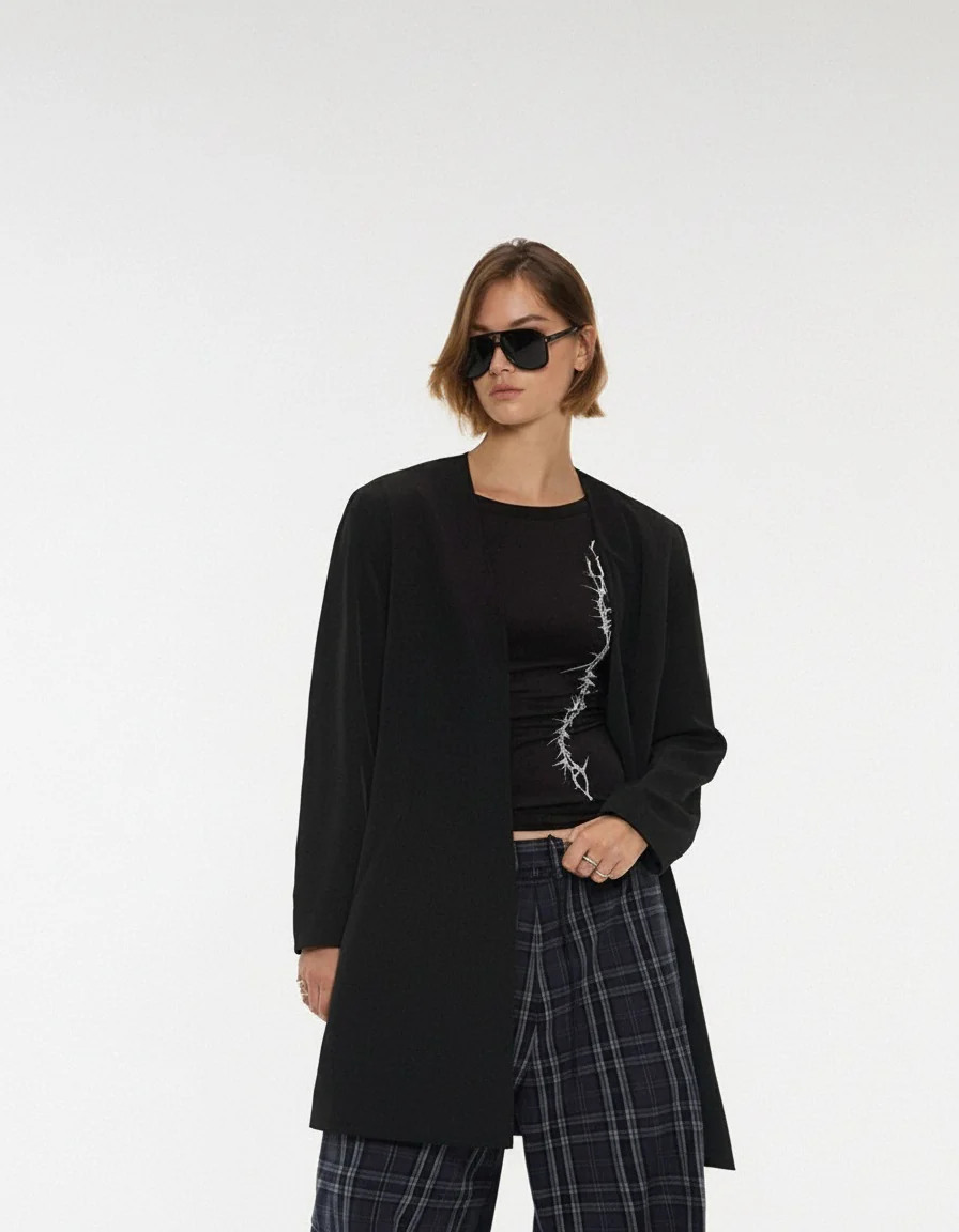 Collarless Longline Coat - Image 4