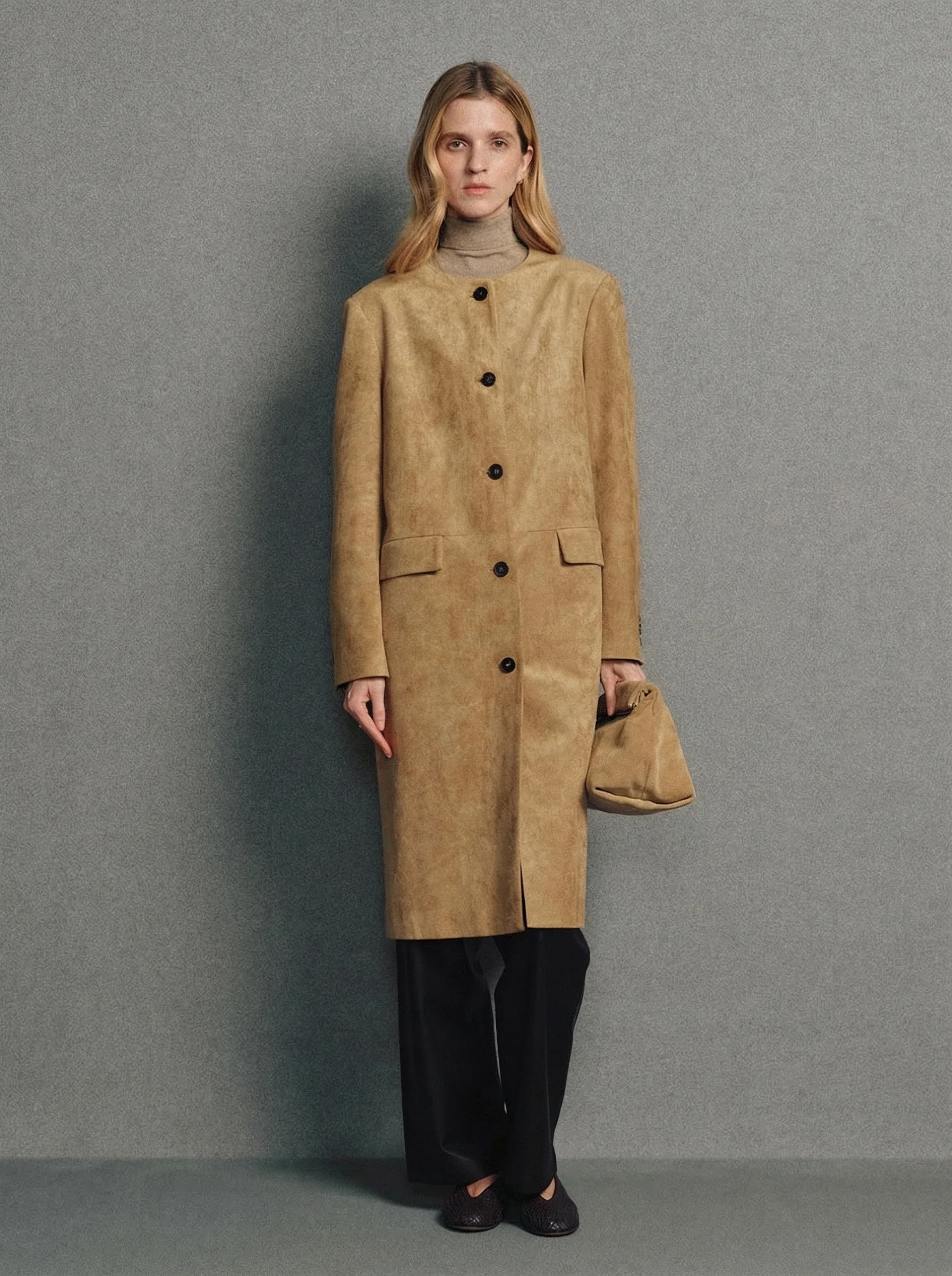 Collarless Suede Coat - Image 3