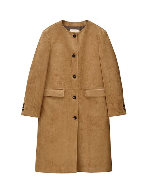 Collarless Suede Coat - Image 6