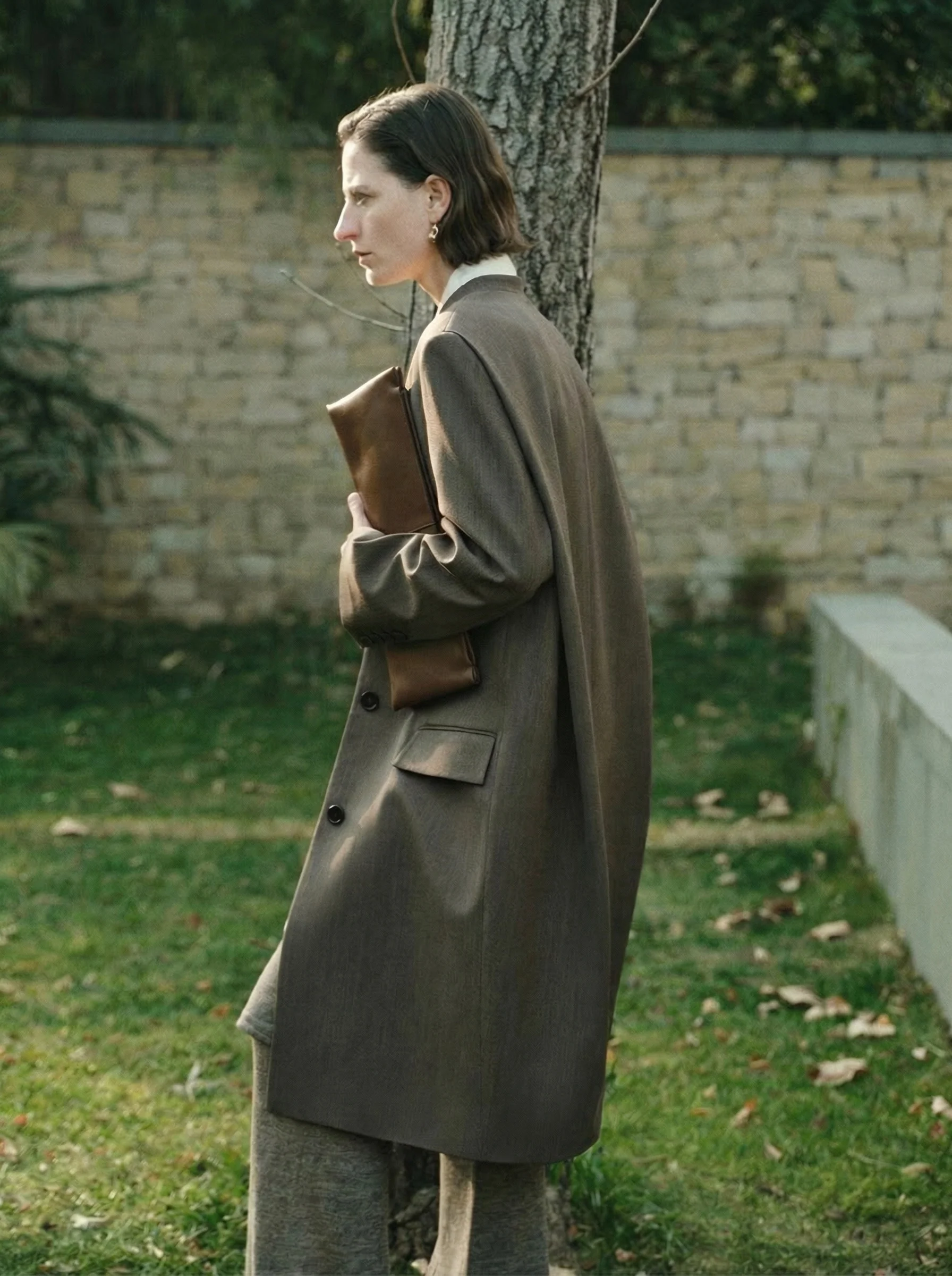 Collarless Wool Long Coat