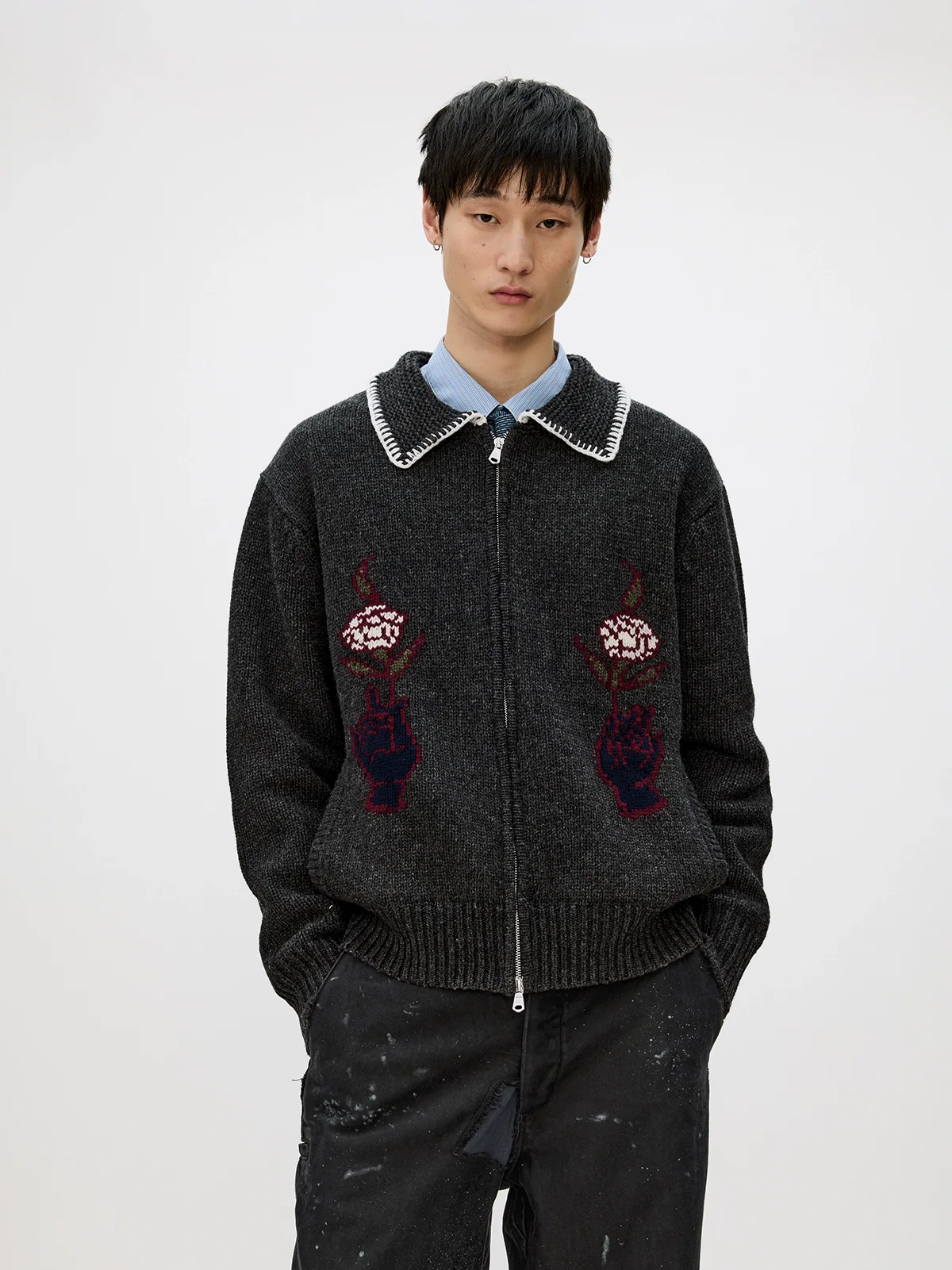 Contrast Collar Floral Intarsia Zip Cardigan