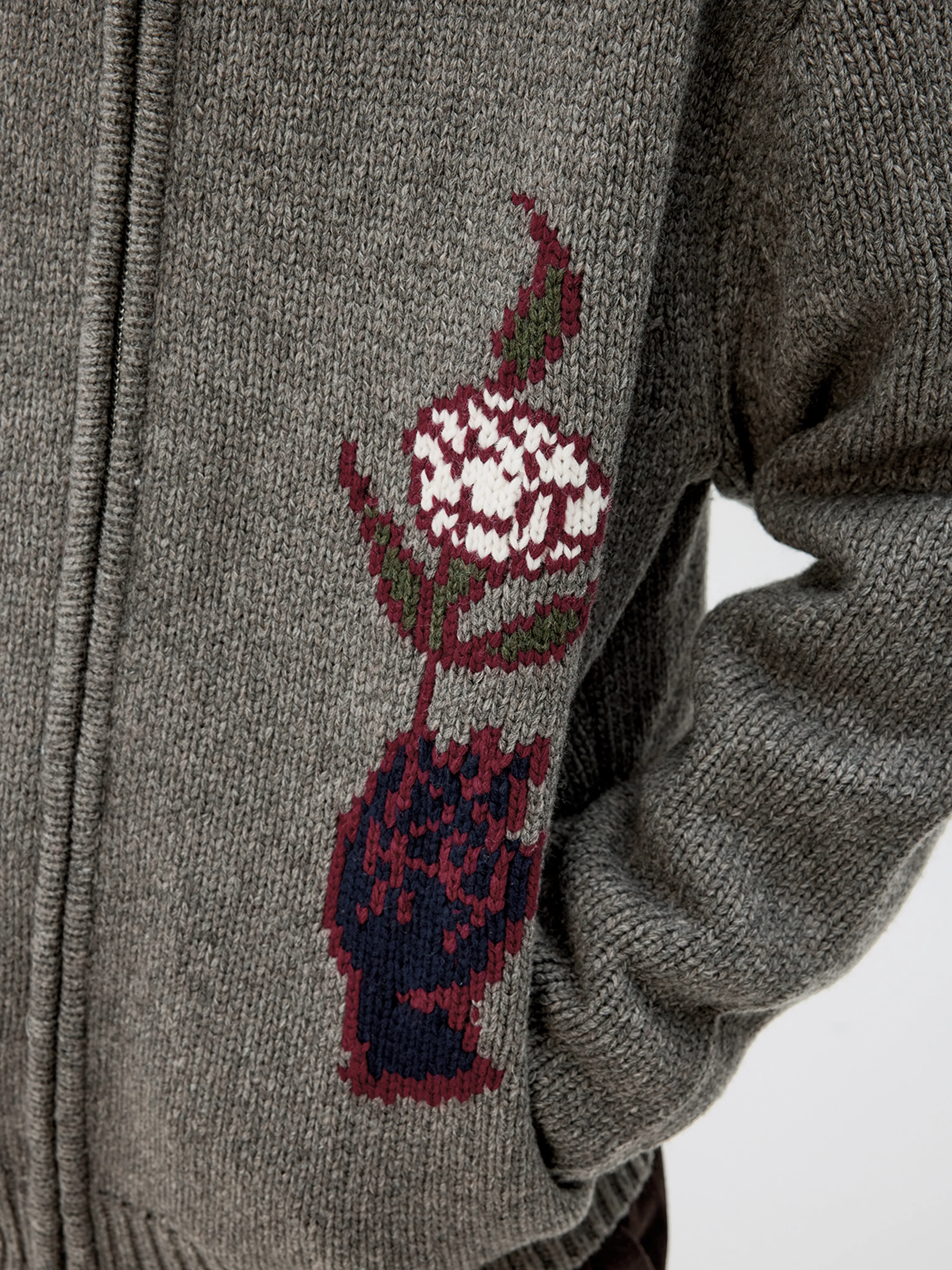 Contrast Collar Floral Intarsia Zip Cardigan - Image 5