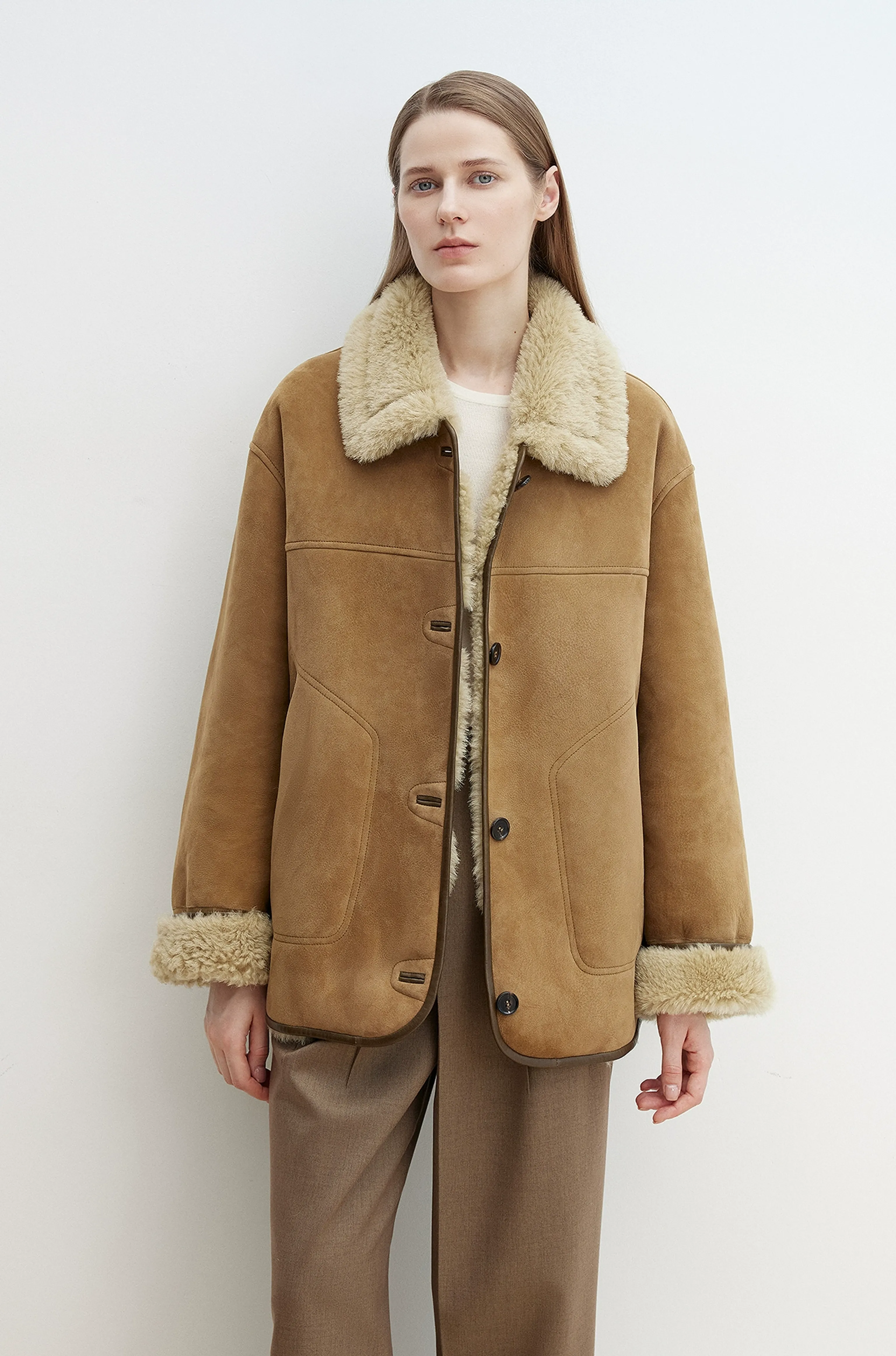 Contrast-Collar Suede Shearling Jacket - Image 6