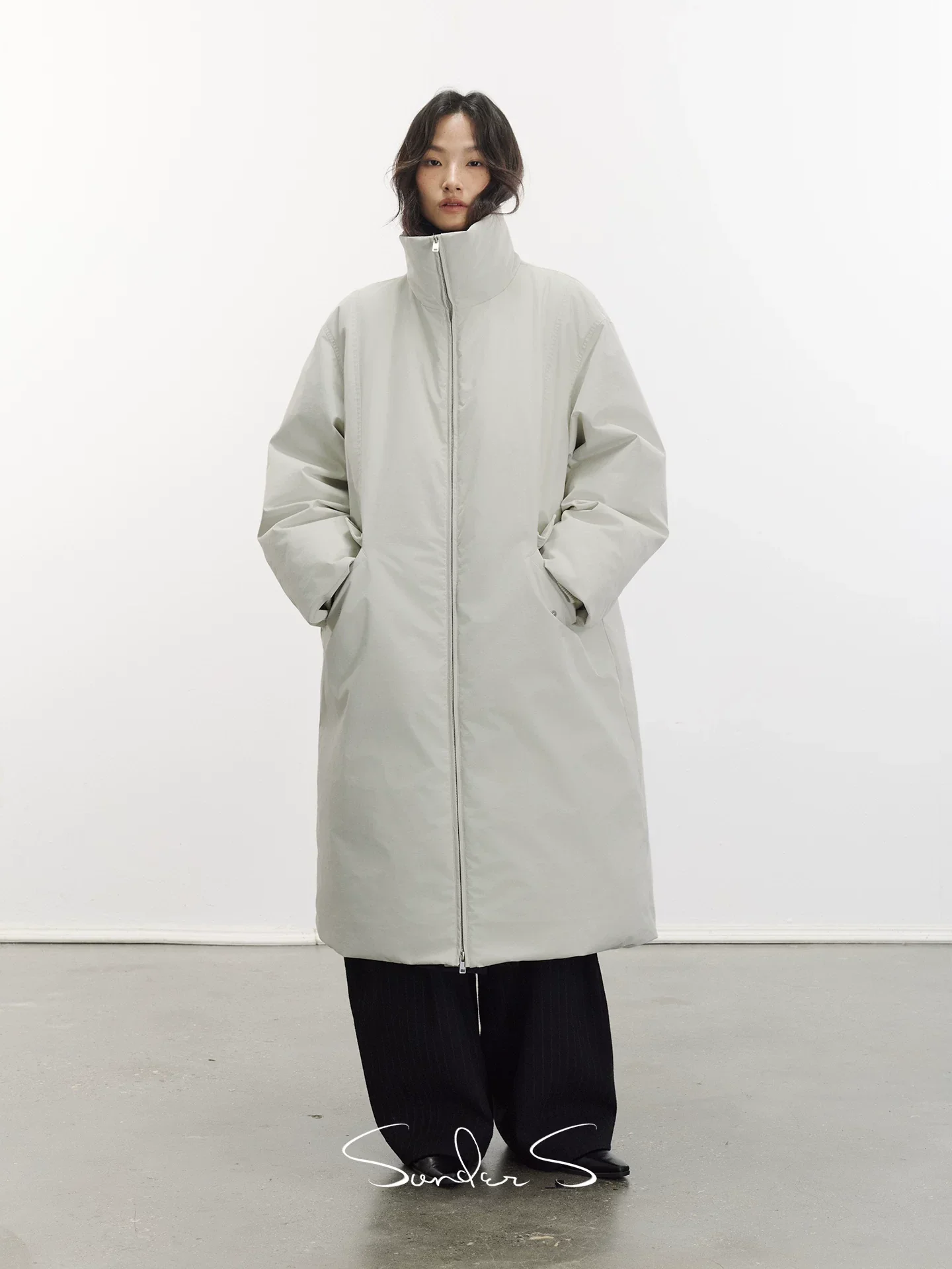 Contrast Funnel Collar Long Down Coat - Image 2