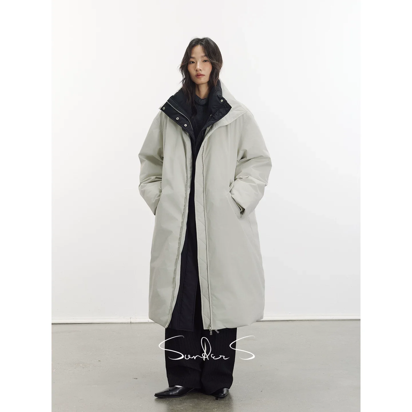 Contrast Funnel Collar Long Down Coat - Image 4