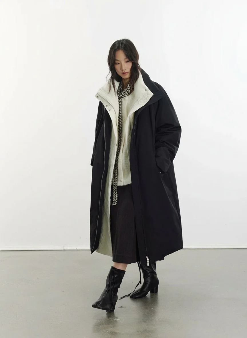Contrast Funnel Collar Long Down Coat - Image 5