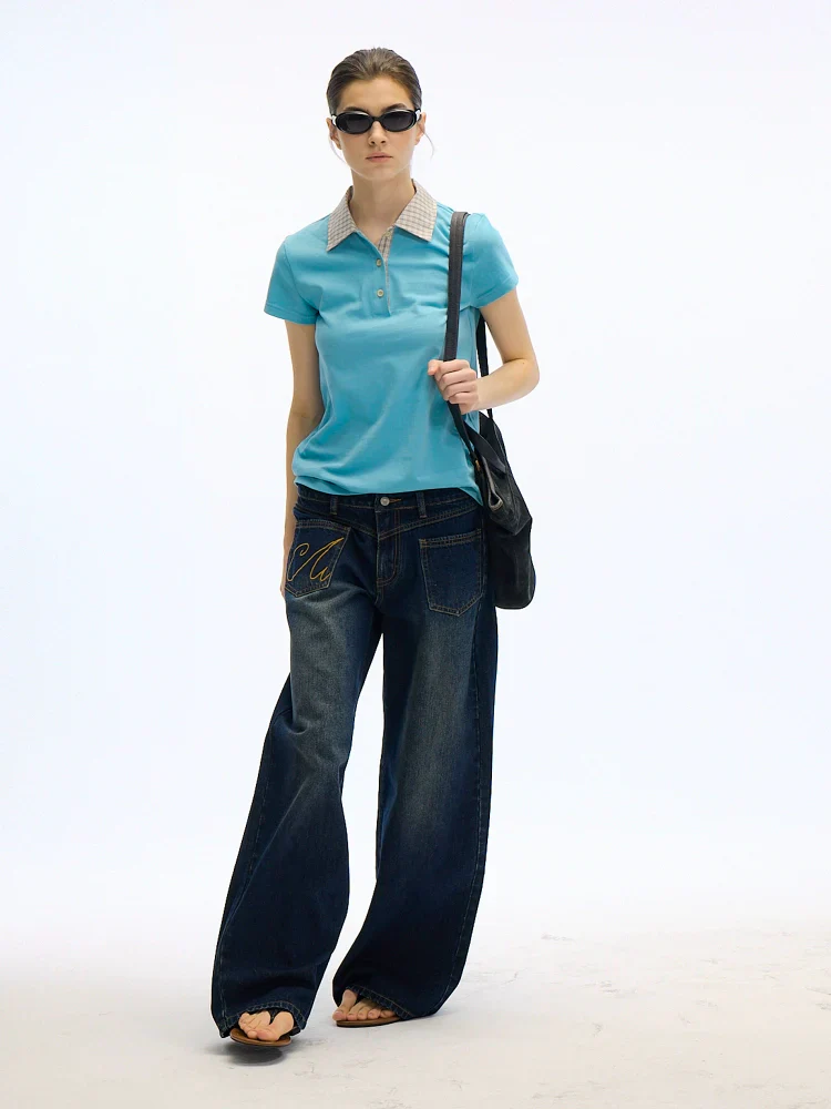 Contrast Gingham Collar Polo Top