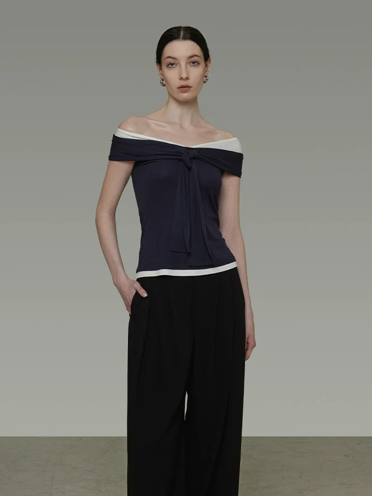 Contrast Off-Shoulder Knot Top