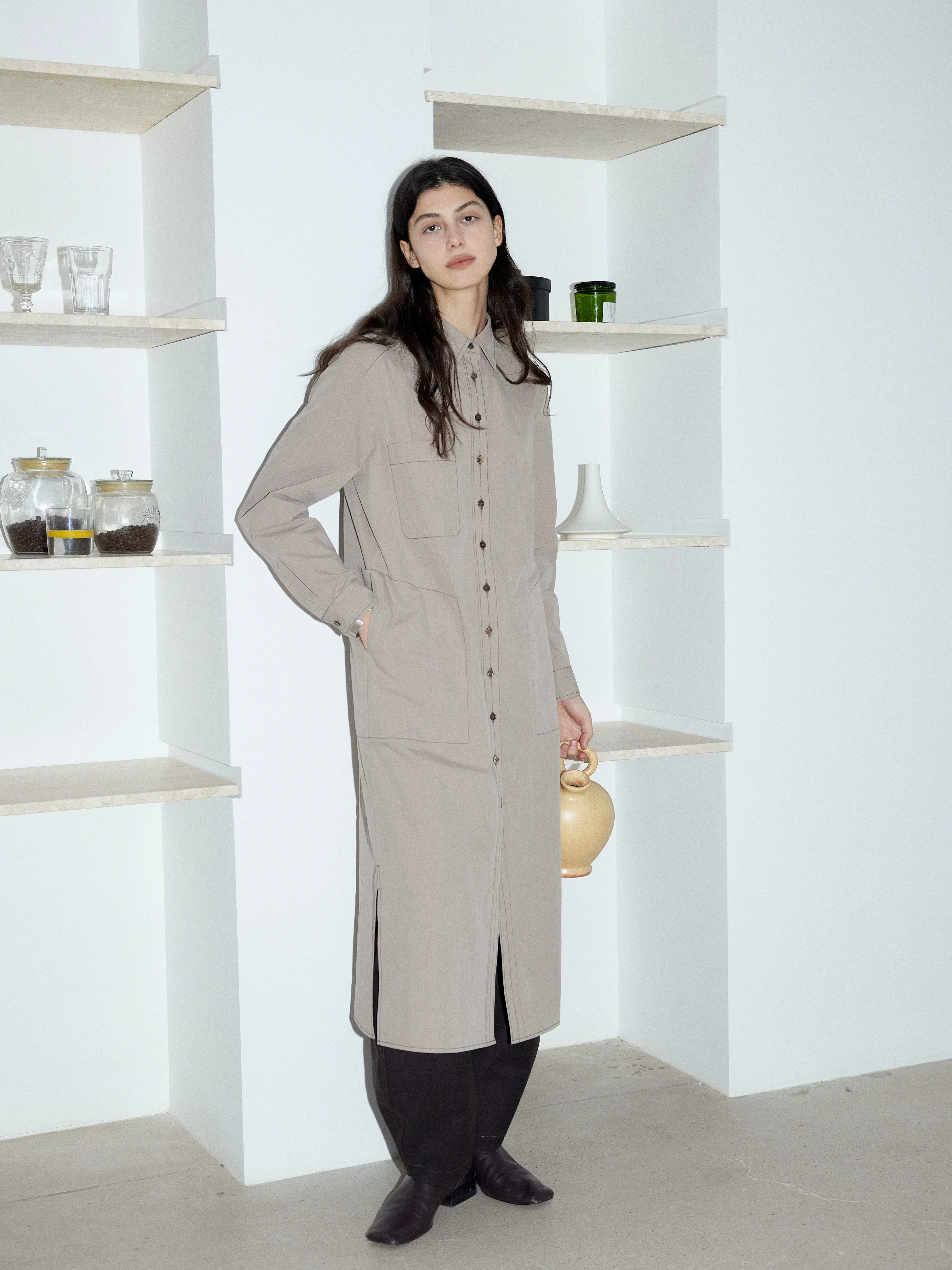 Contrast Stitch Long Shirt Dress