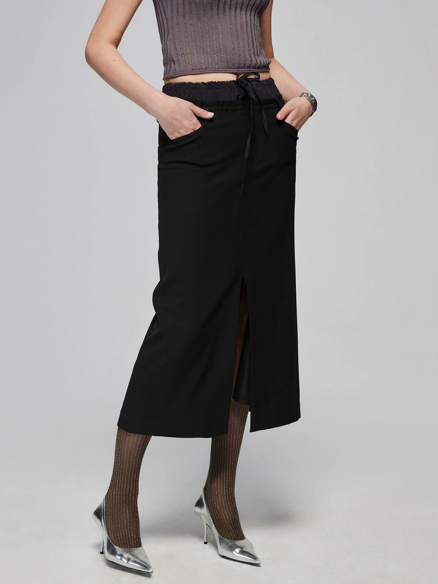 Contrast Waist Front-Slit Midi Skirt - Image 3