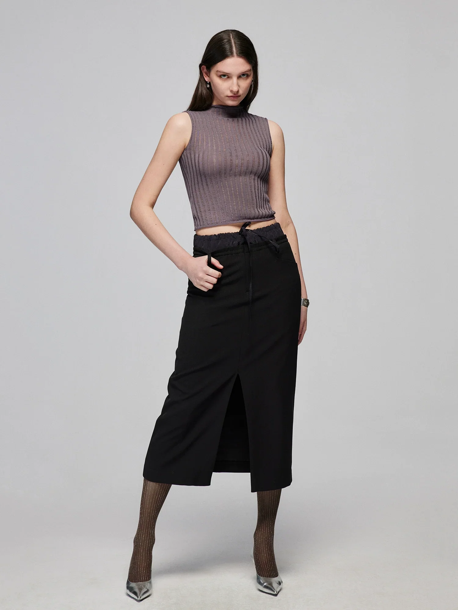 Contrast Waist Front-Slit Midi Skirt - Image 4