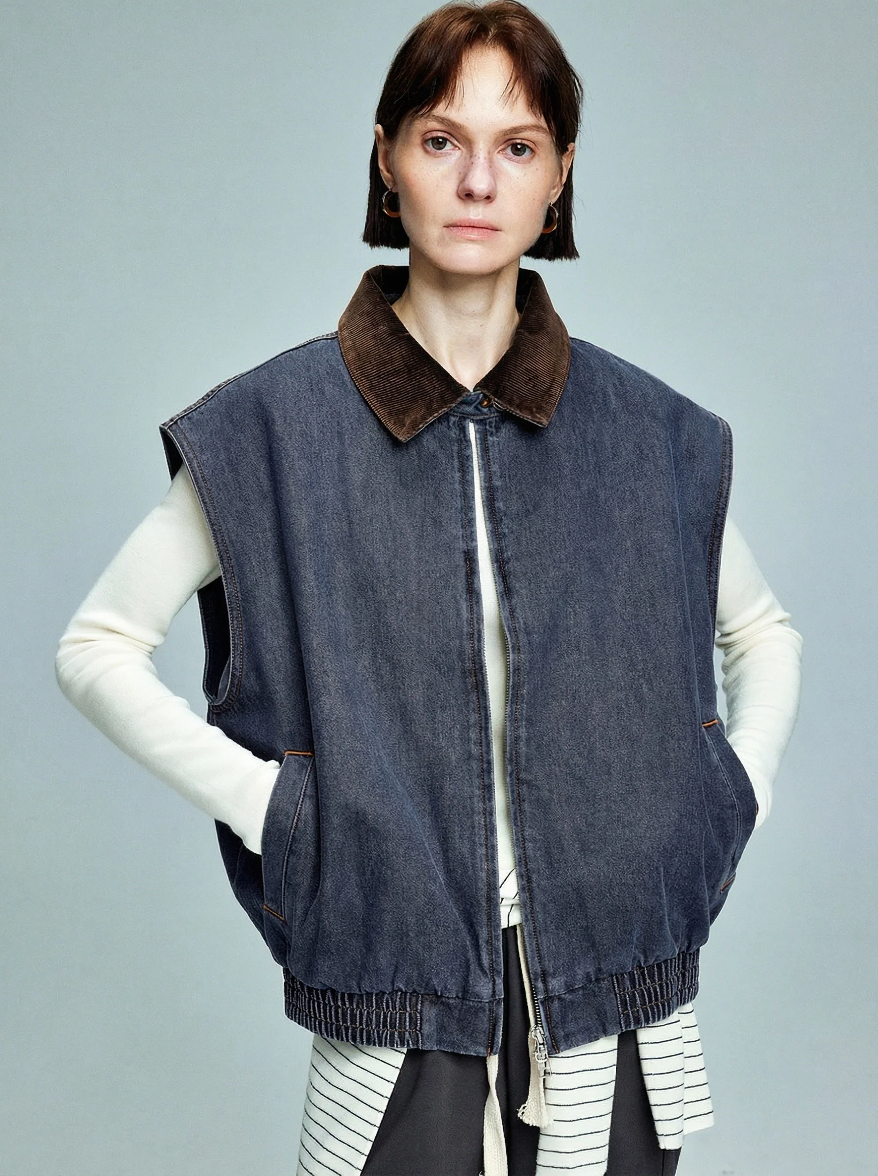 Corduroy Collar Denim Vest - Image 5