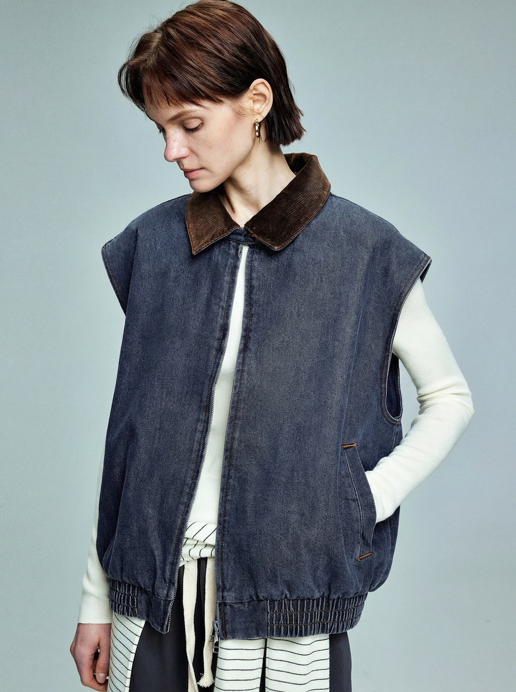 Corduroy Collar Denim Vest - Image 6