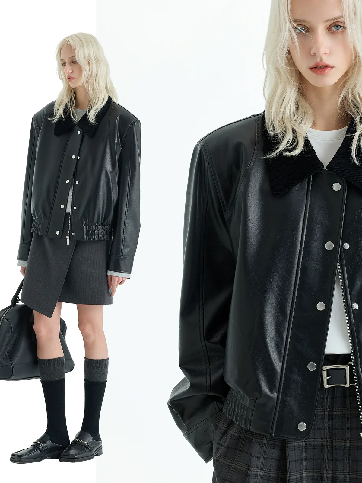 Corduroy-Collar Faux Leather Bomber Jacket - Image 2