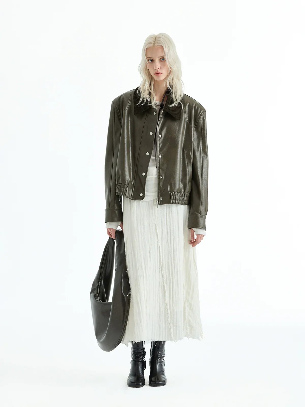 Corduroy-Collar Faux Leather Bomber Jacket - Image 3
