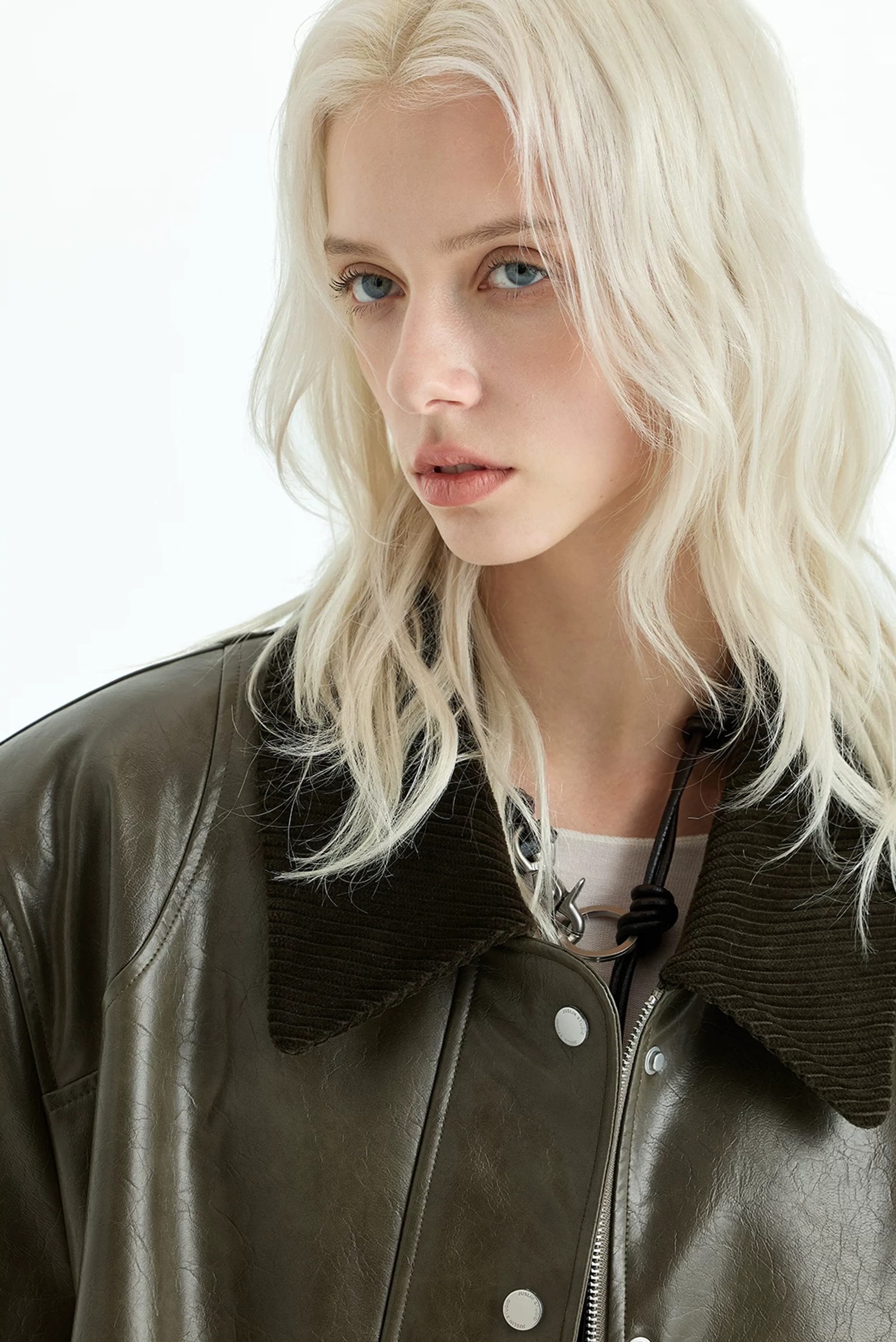 Corduroy-Collar Faux Leather Bomber Jacket - Image 7