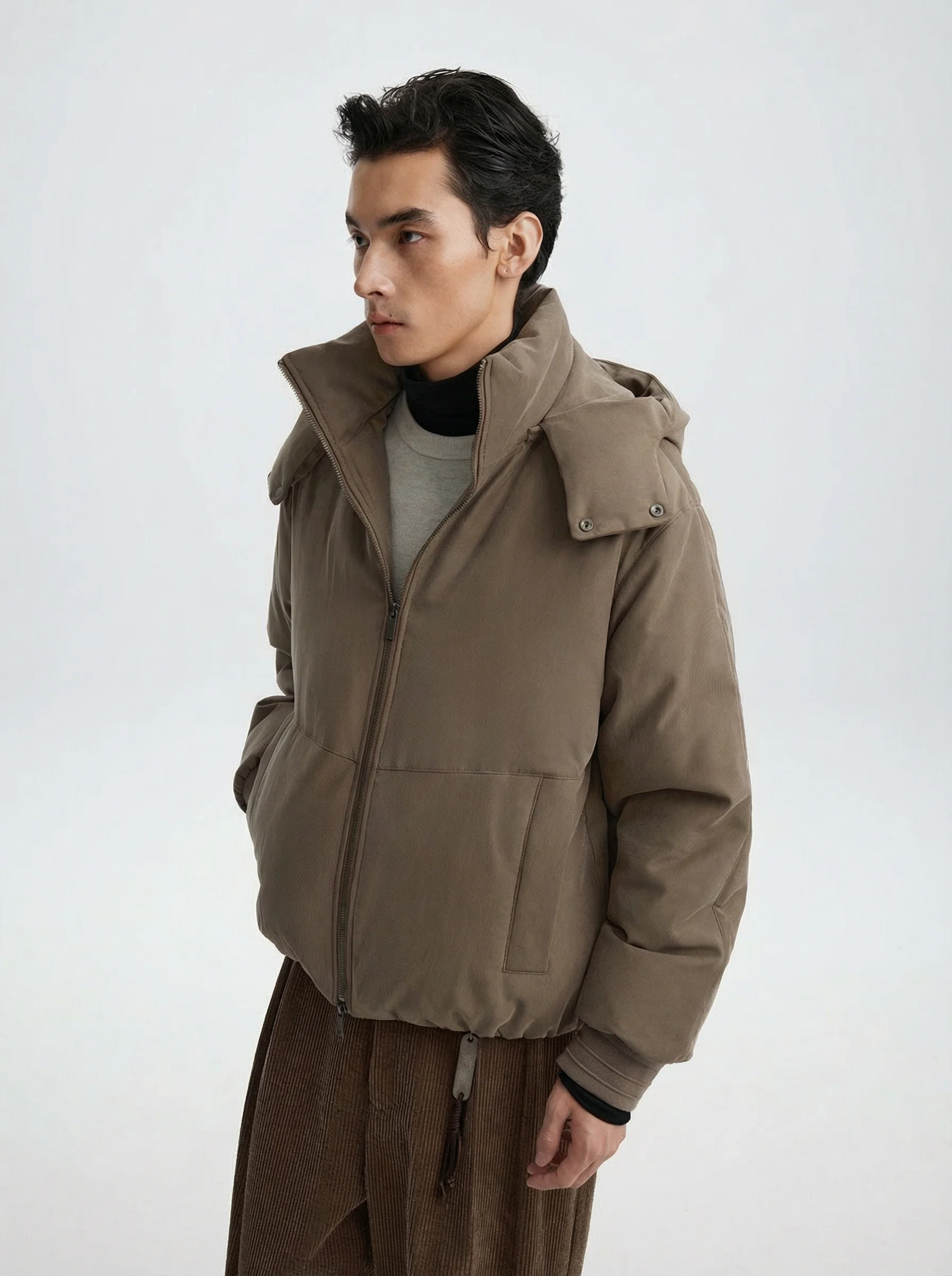 Corduroy Down Puffer with Detachable Hood