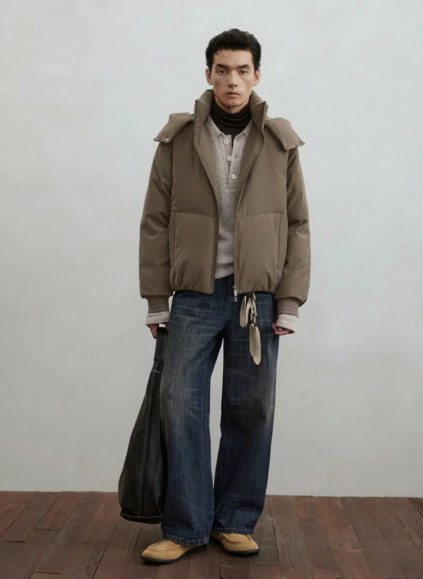 Corduroy Down Puffer with Detachable Hood - Image 2