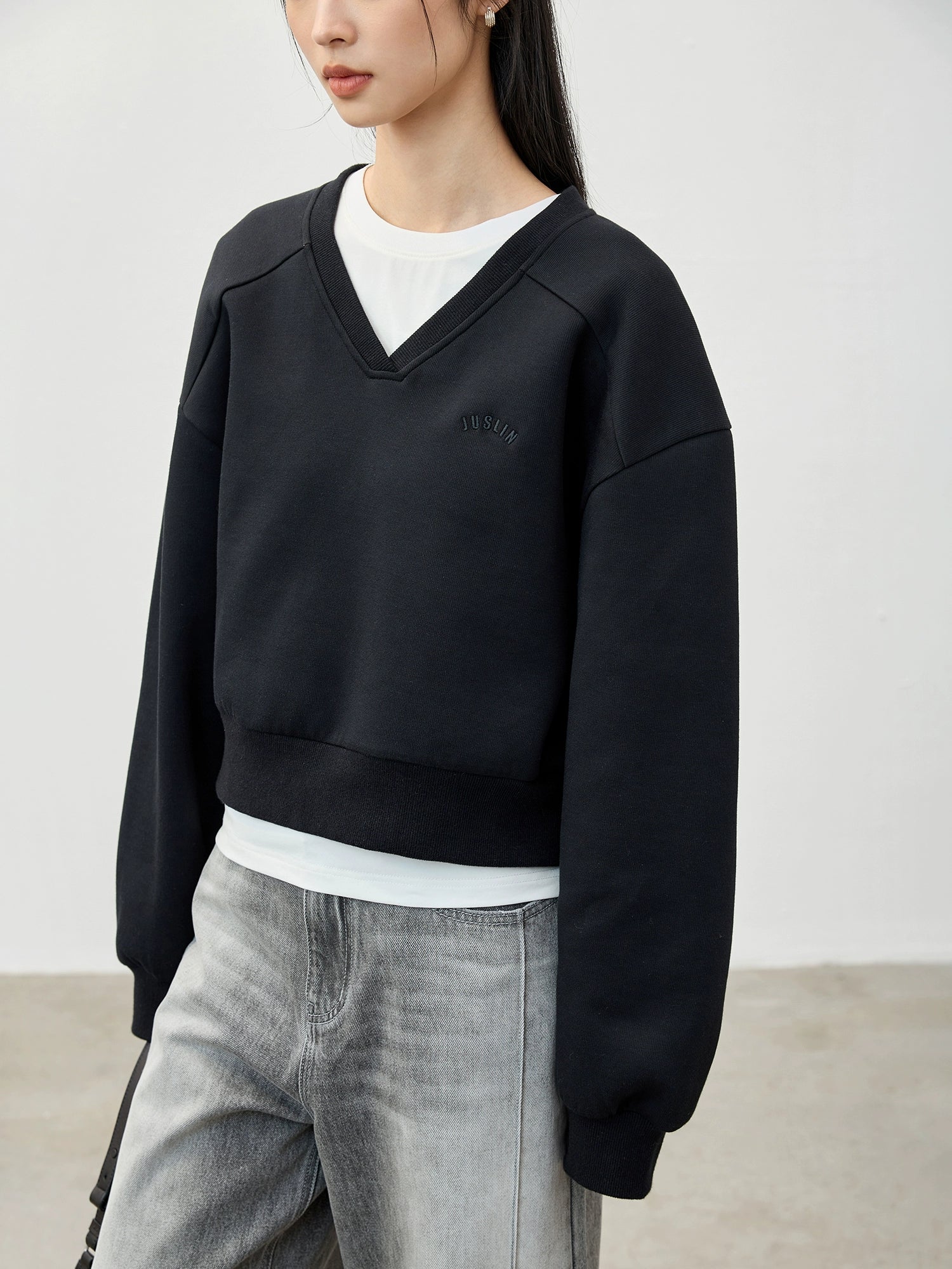 Cotton Embroidered V-Neck Sweater and Skirt Set - Image 3
