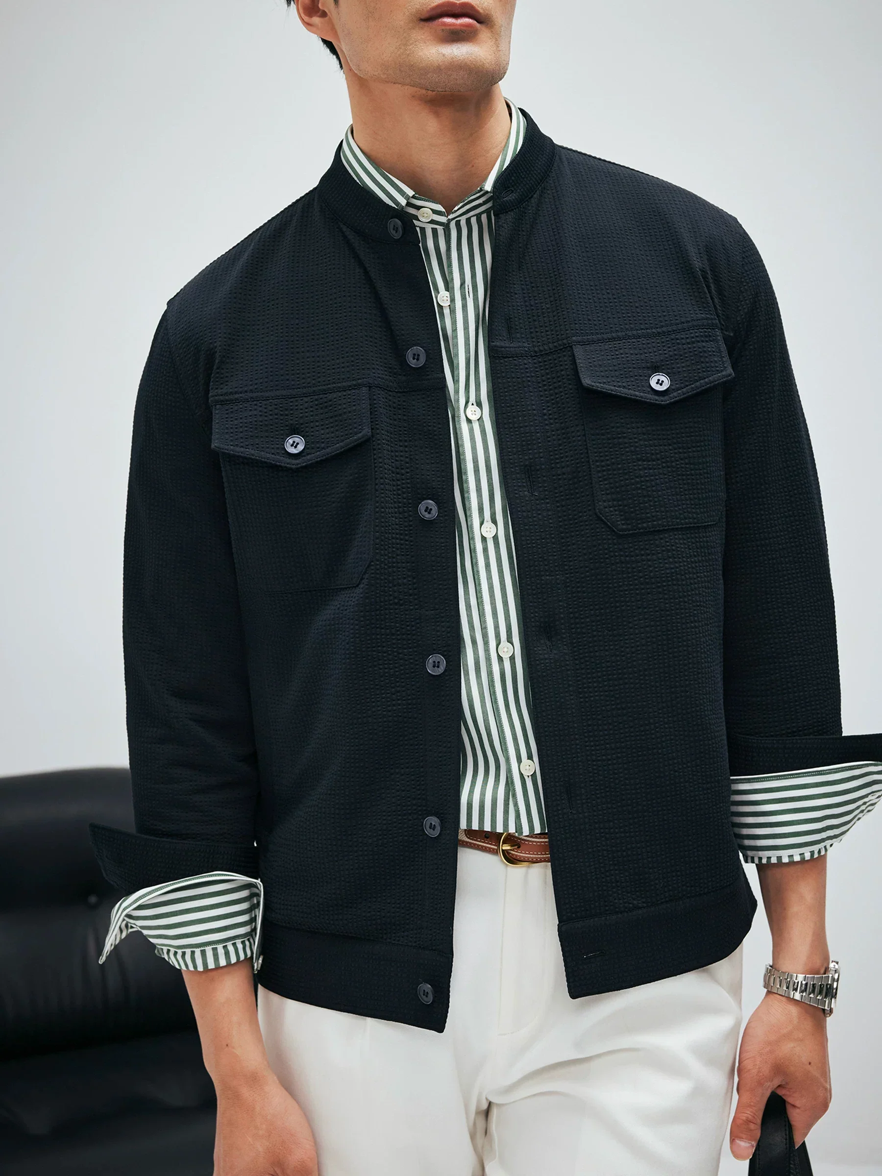 Cotton Seersucker Stand-Collar Jacket