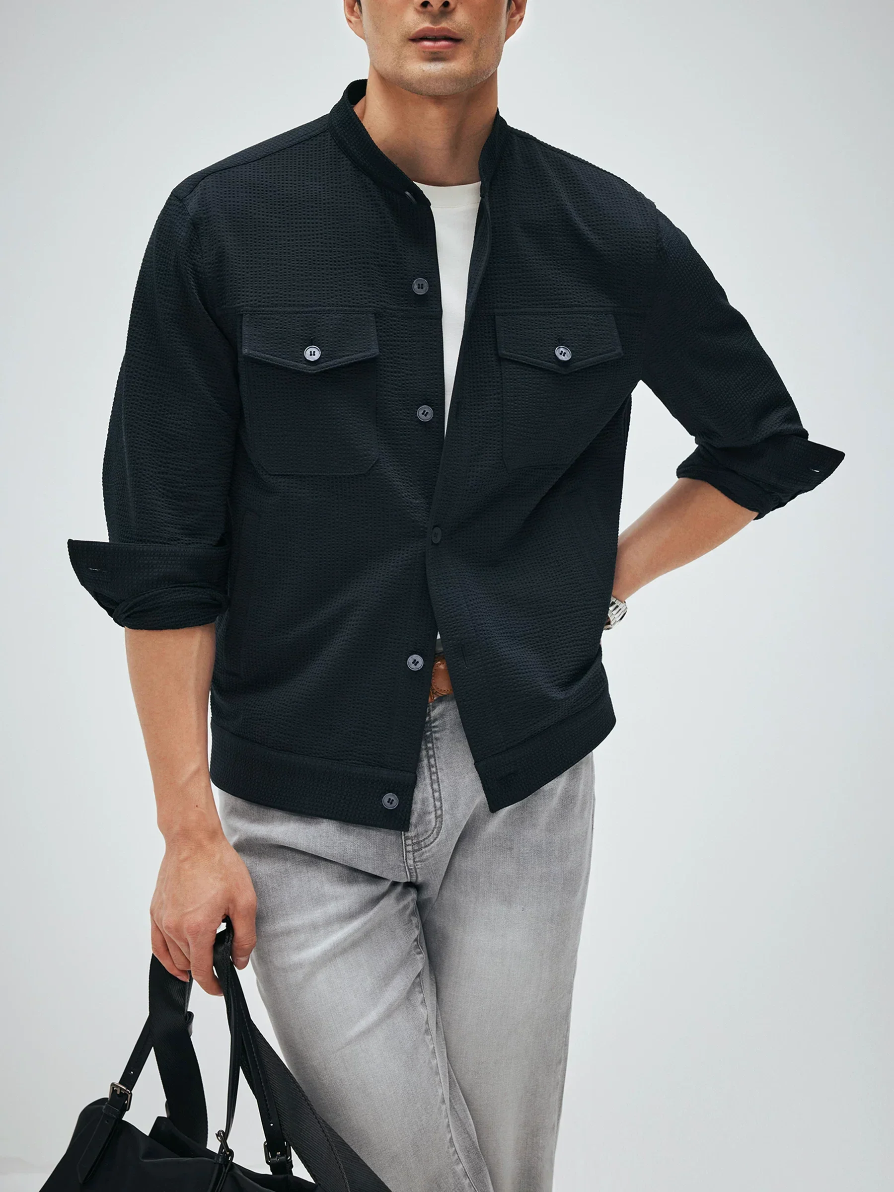 Cotton Seersucker Stand-Collar Jacket - Image 4