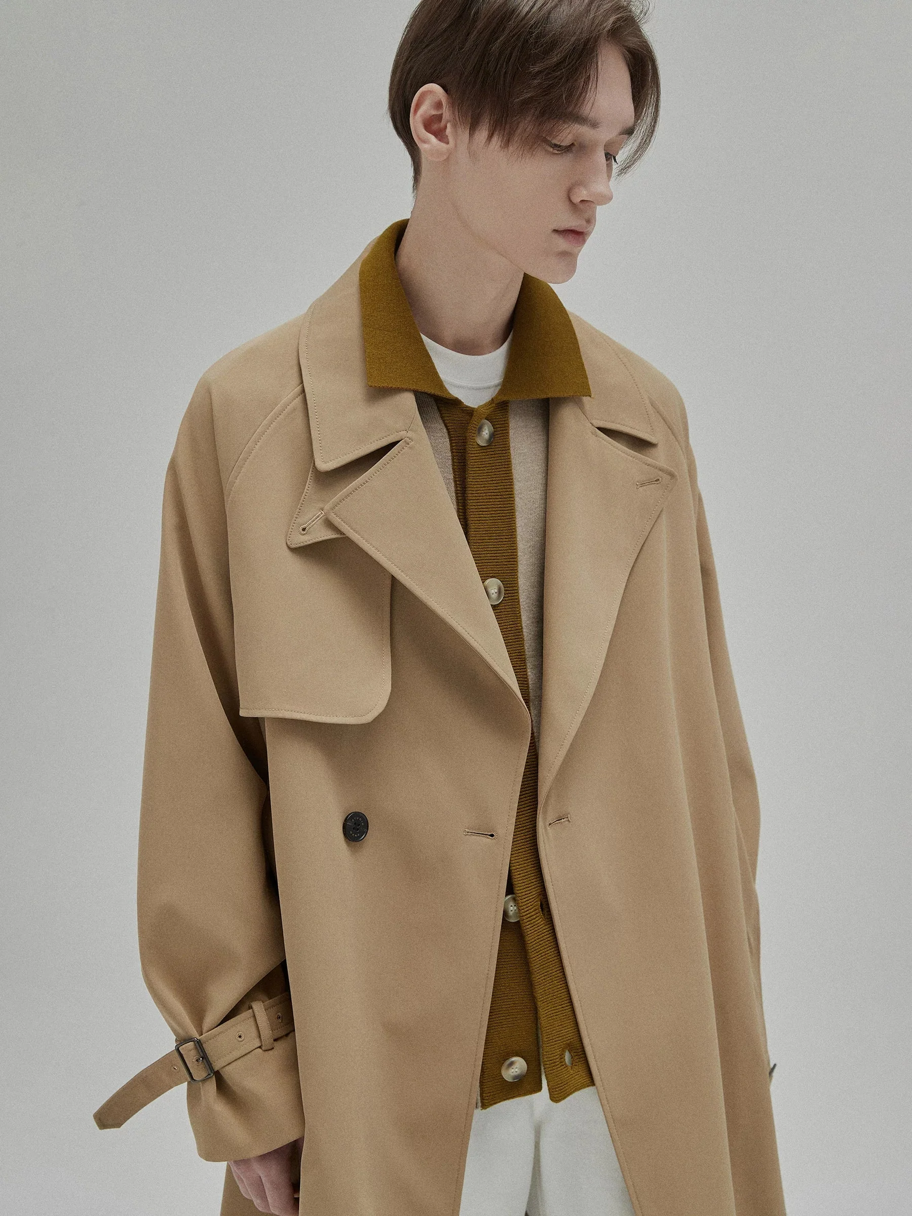 Cotton-Touch Stand-Collar Double-Breasted Trench Coat