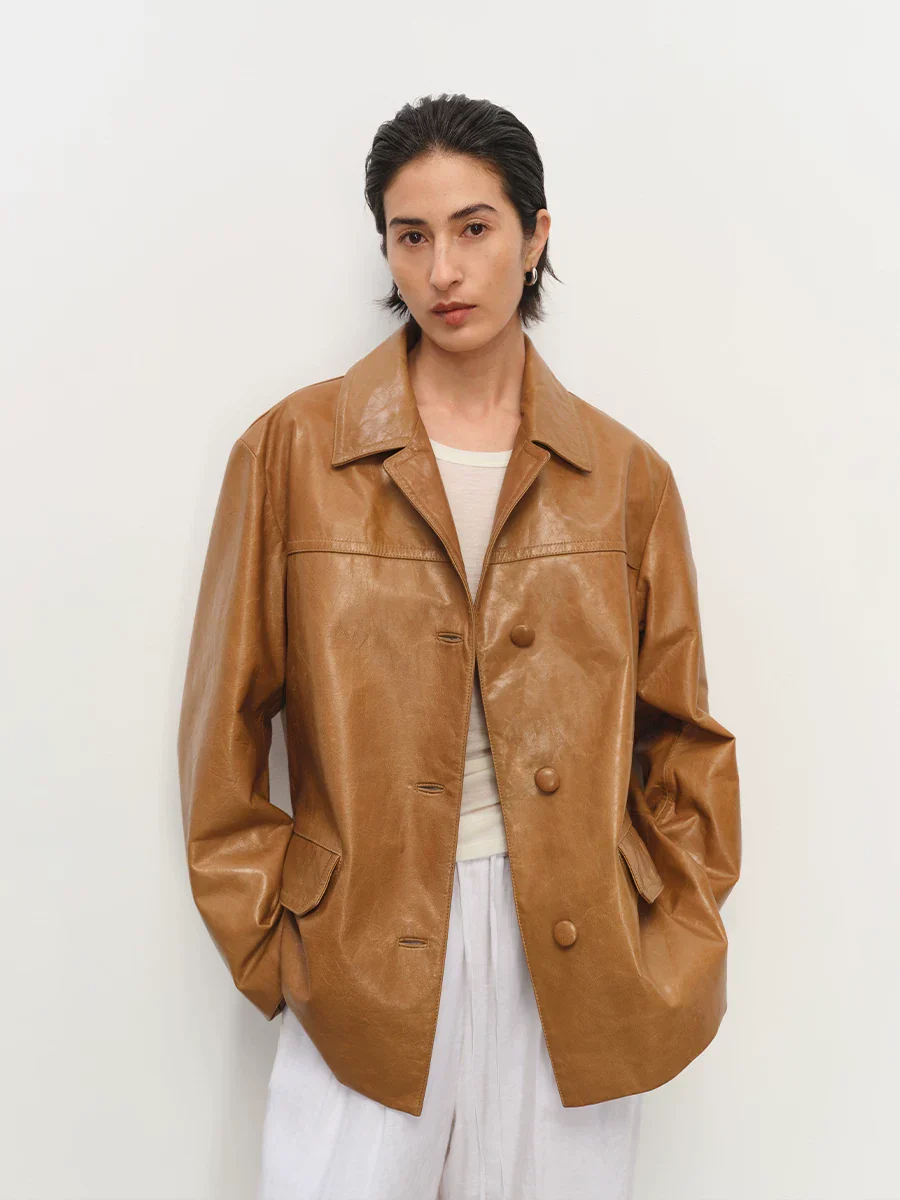 Covered Button Leather Jacket