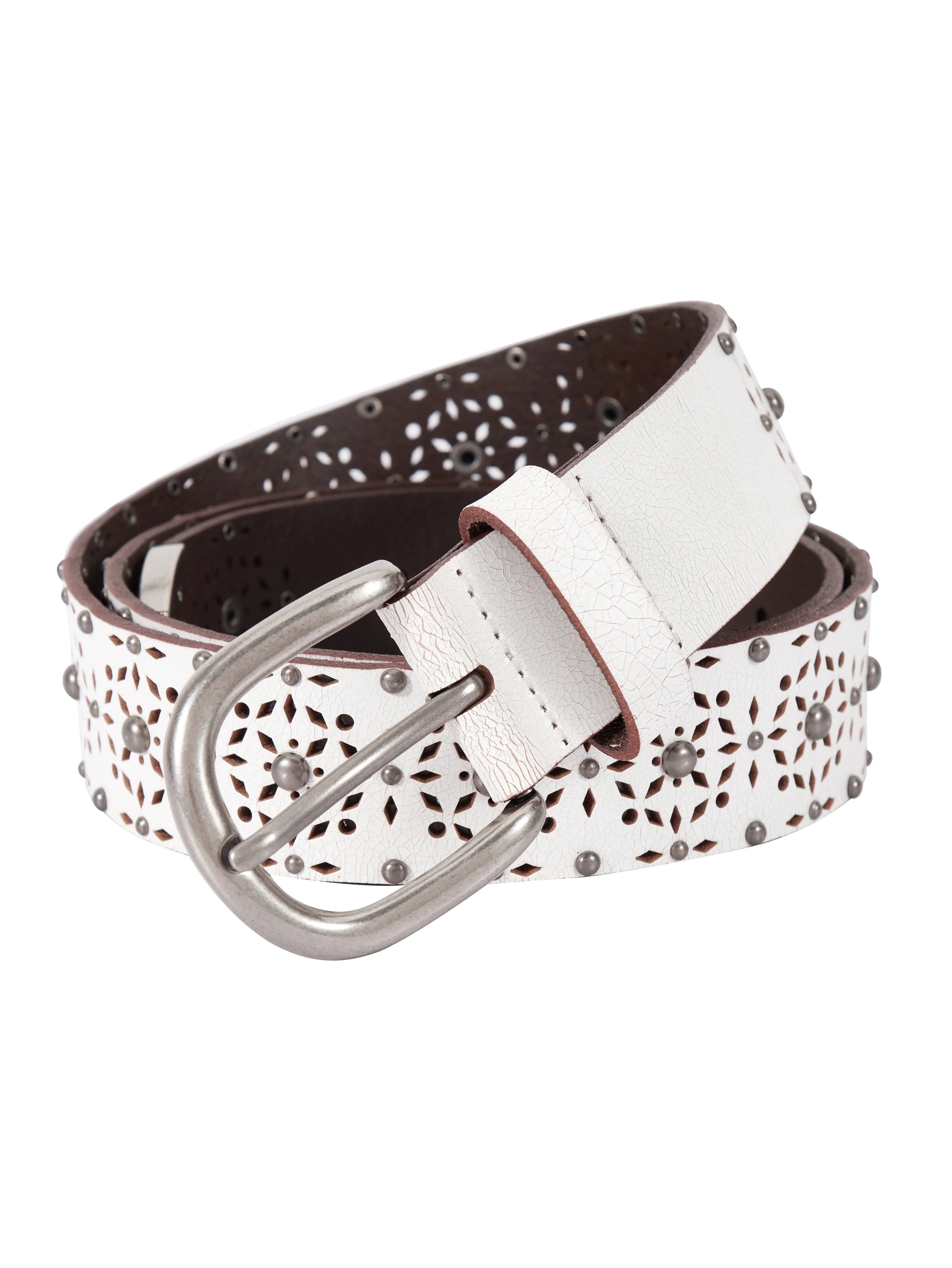 Crackled Ivory Studded Top-Grain Leather Belt