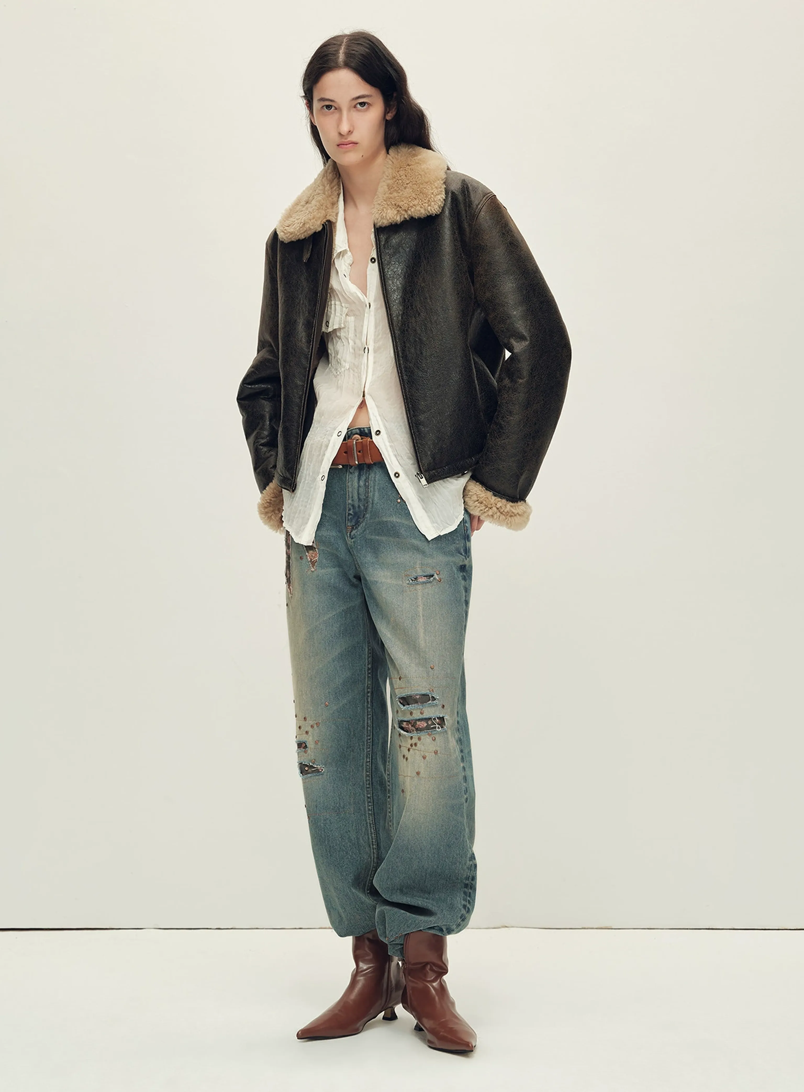 Crackled Shearling Aviator Jacket